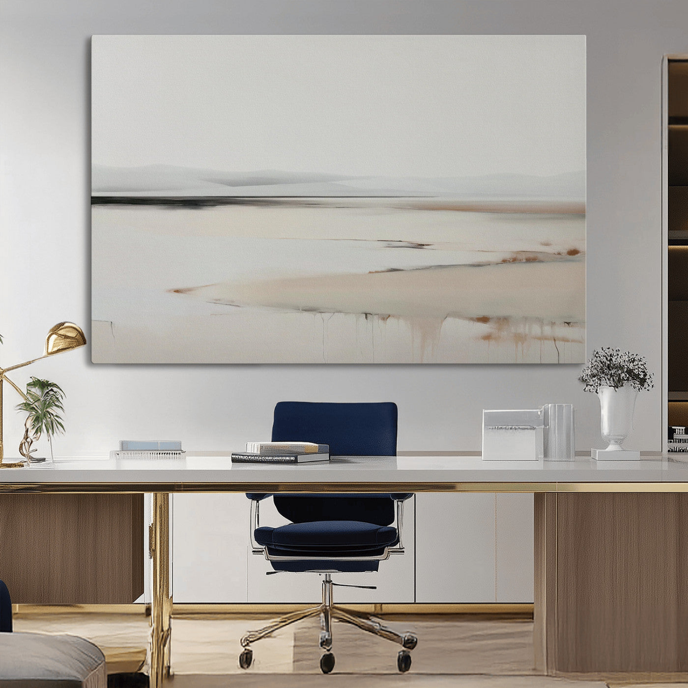 89410095-MGV-CV-36X24-Minimalist Landscape Wall Art Canvas Print – Framed Soft Horizon Abstract Seascape Earthy Tones Artwork for Home Office