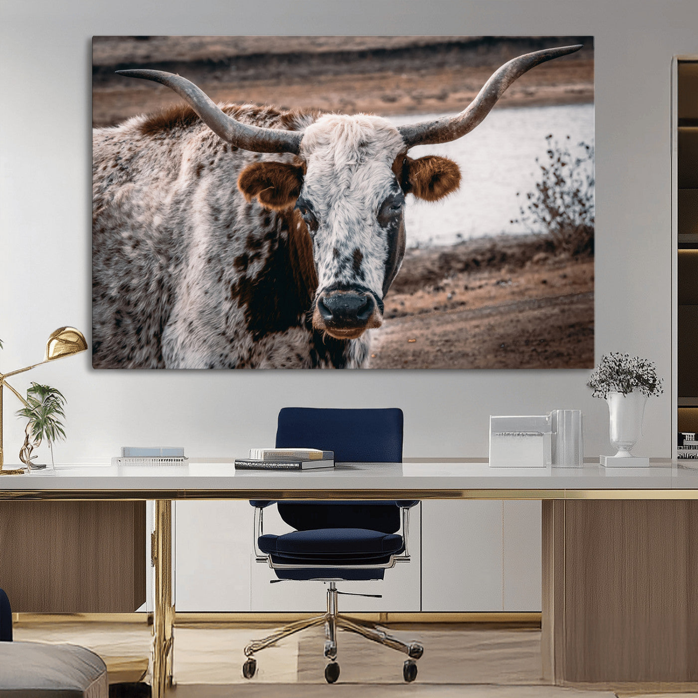 -Texas Longhorn Wall Art Canvas Print, Framed Spotted Cow Art Picture Print, Horned Cattle Perfect Rustic Western Decor Artwork