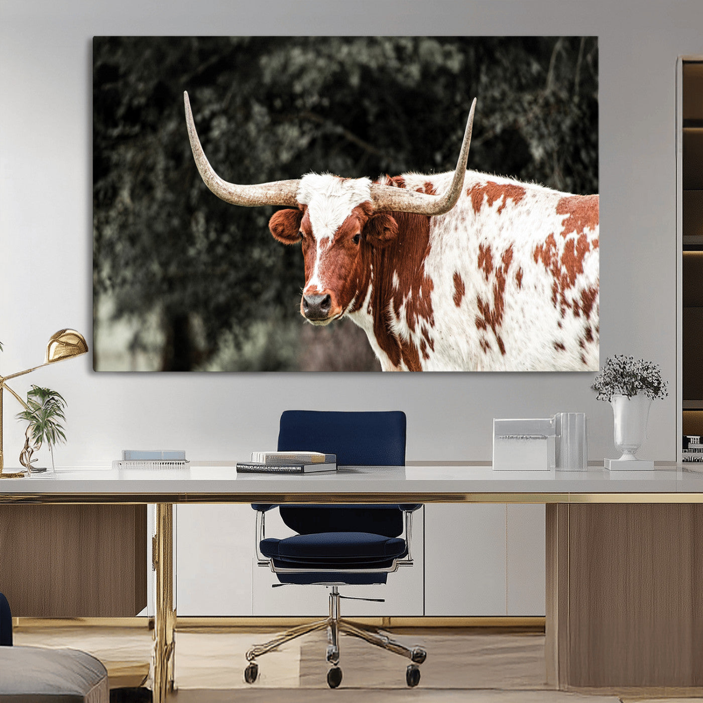 -Texas Longhorn Wall Art Canvas Print, Framed Spotted Cow Art Picture Print, Horned Bull Perfect Rustic Western Decor Artwork