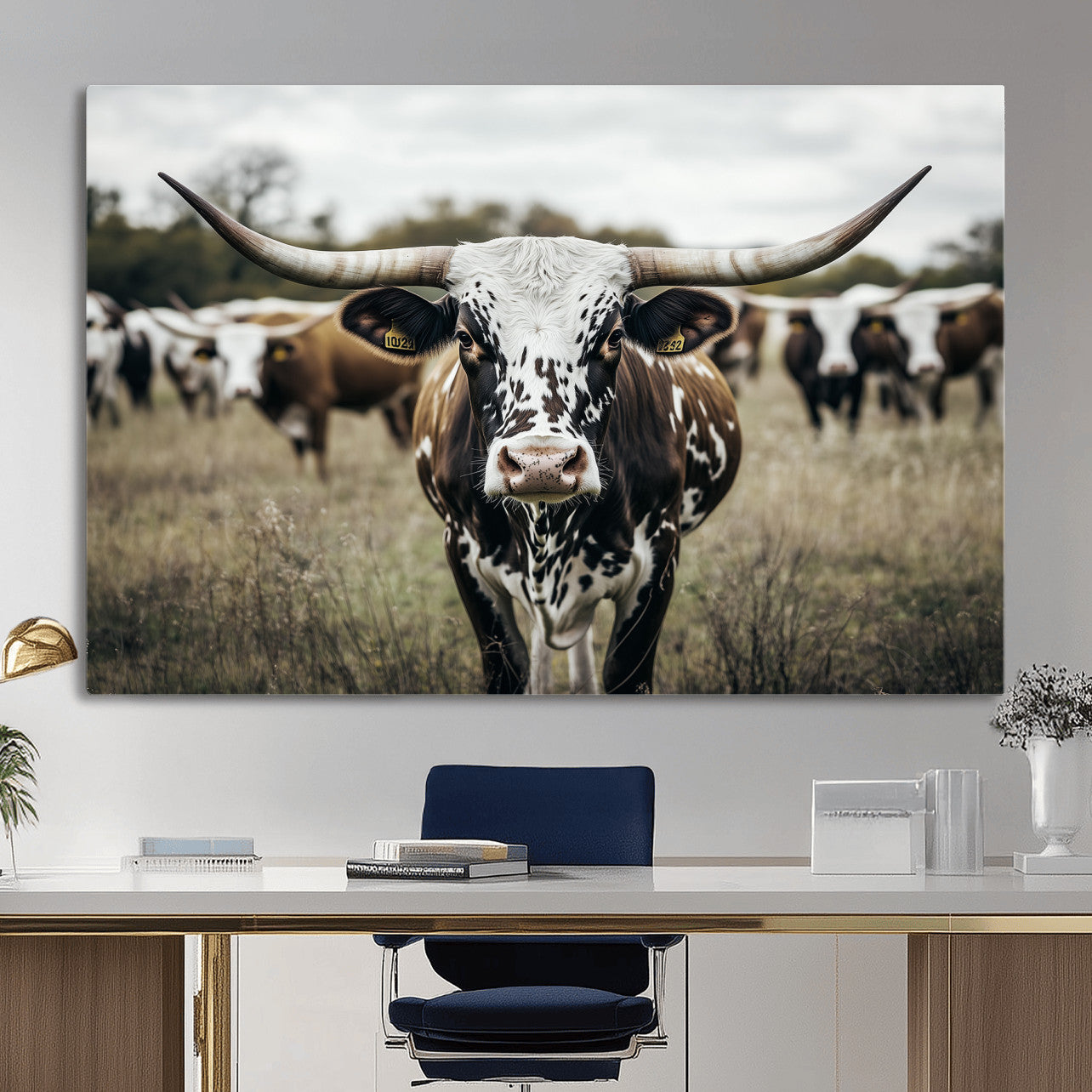 MGV-CV-36X24 - Majestic Longhorn Cow Wall Art – Canvas Print of Intricate Fur & Sharp Horns Earthy Tones Serene Landscape, Rustic Charm Decor for Living Room, Office or Bedroom
