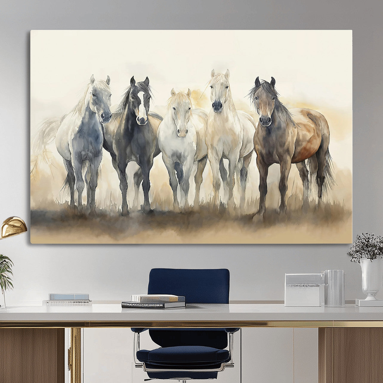 MGV-CV-36X24 - Wild Horses Wall Art Canvas Print, Framed Running Horses Art Picture Print, Watercolor Horses Perfect Rustic Western Decor Artwork