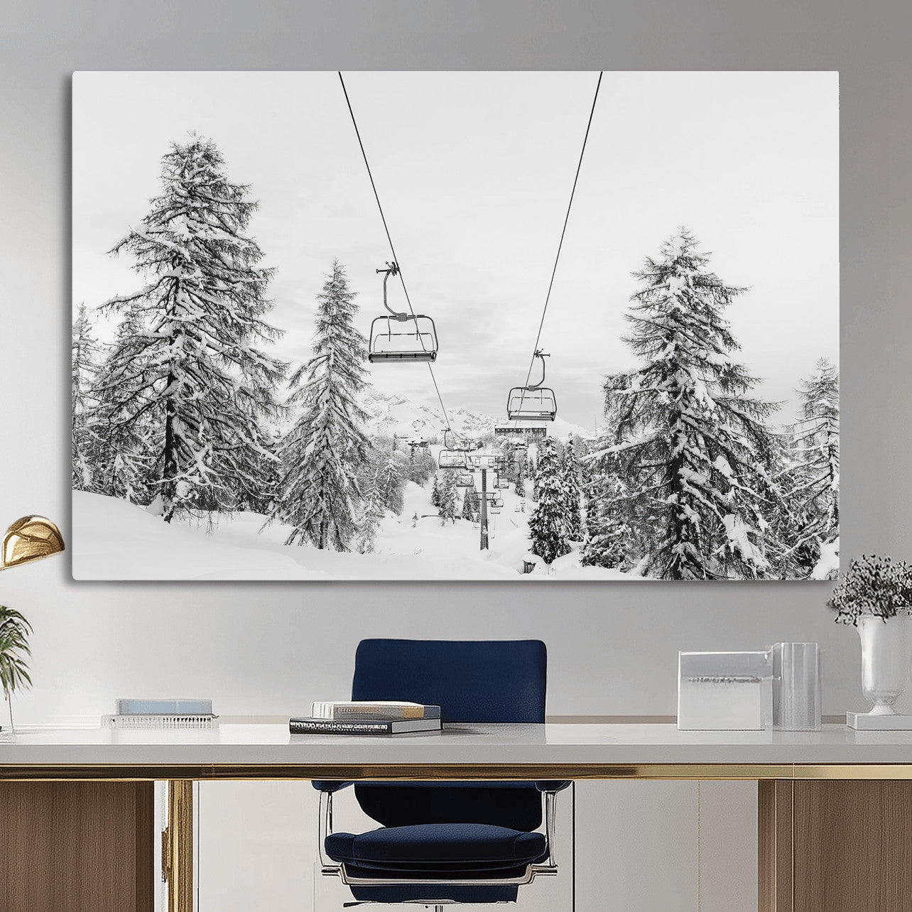 55003599-MGV-CV-36X24 - Snowy Ski Lift Wall Art – Framed Winter Forest Canvas Artwork, Peaceful Mountain Design, Modern Nature Decor for Home, Office