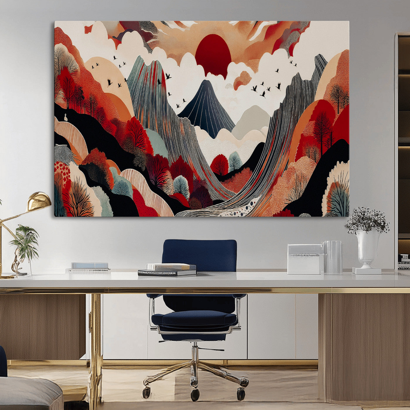 49034575-MGV-CV-36X24-Abstract Mountain Wall Art Canvas Print – Vibrant Stylized Landscape Colorful Peaks Nature Artwork for Home Office