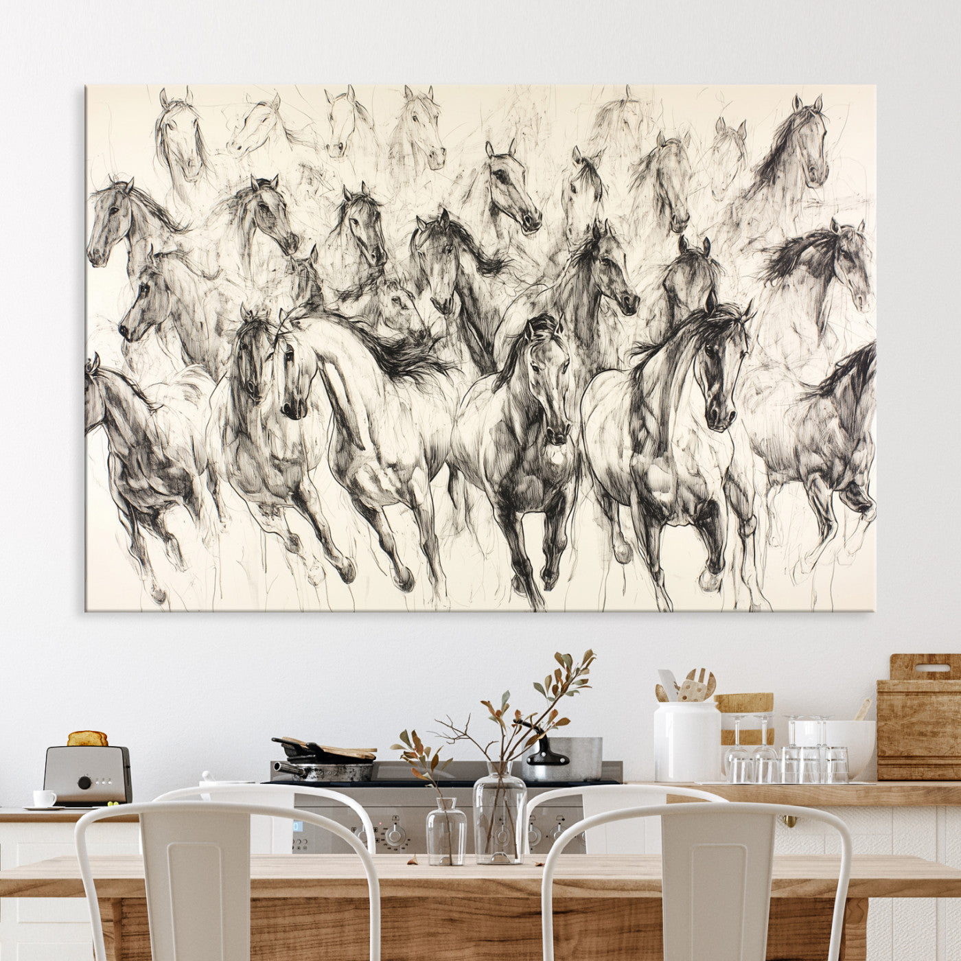 Running Horses Wall Art Canvas Print, Framed Horse Sketch Art Picture Print, Galloping Herd Perfect Monochrome Western Decor