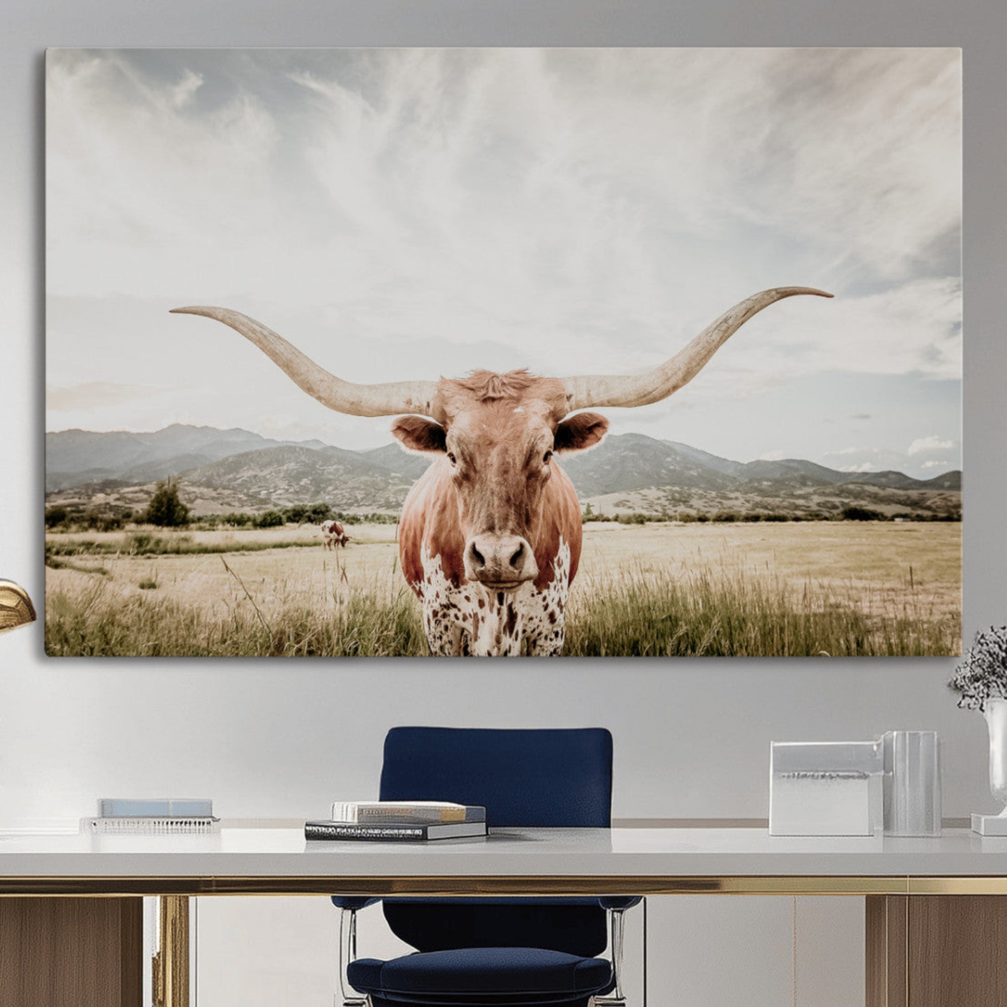 80054319-MGV-CV-36X24-Texas Longhorn Wall Art Canvas Print – Framed Western Cow Scene with Rustic Farmhouse Artwork for Home, Office