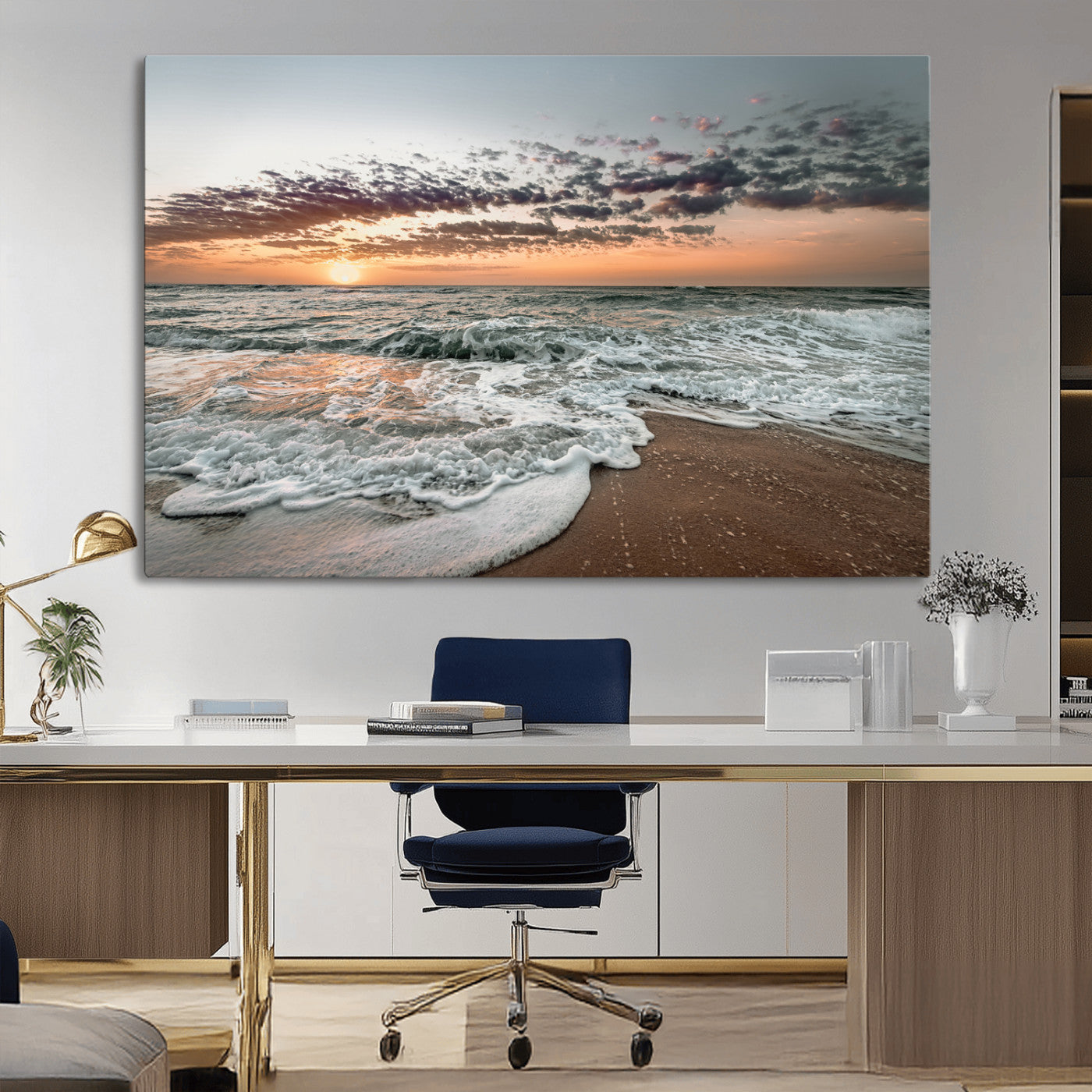 40632752-MGV-CV-36X24-Ocean Sunset Wall Art Canvas Print – Framed Beach Waves Scene with Coastal Artwork for Home, Office, Living Room