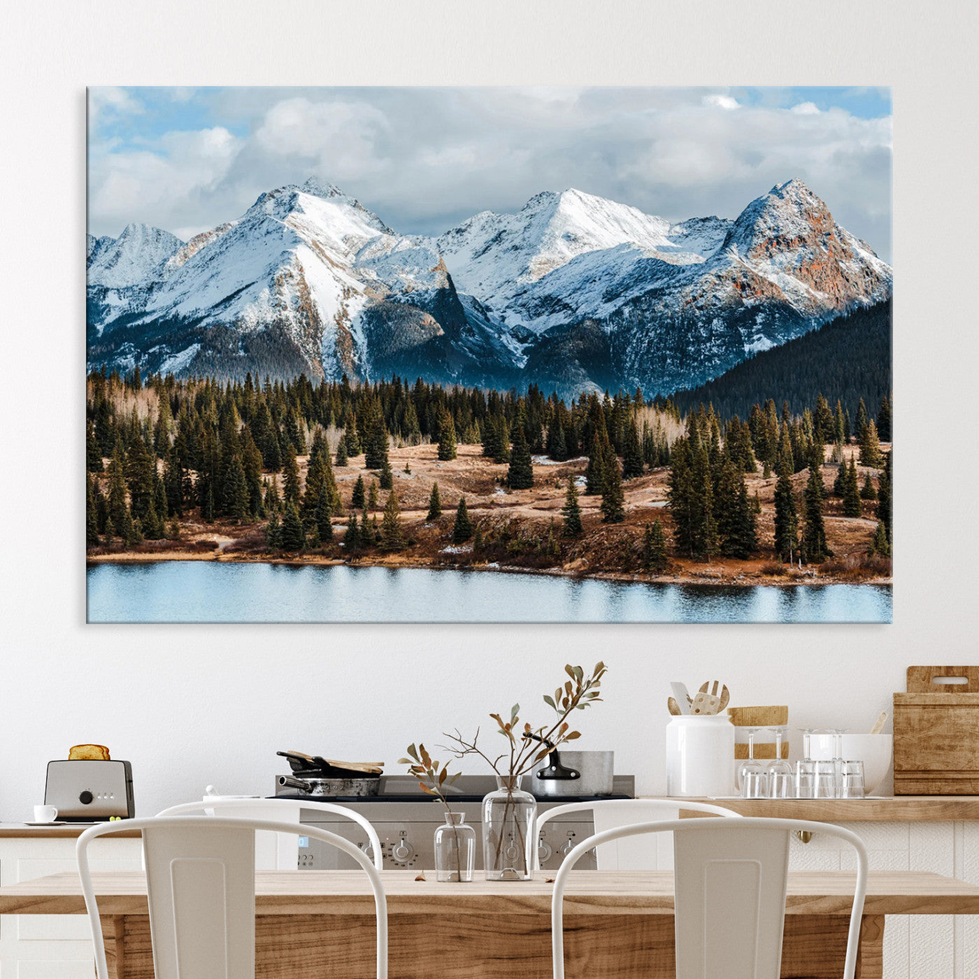 36247746-MGV-CV-36X24-Snowy Peaks Wall Art Canvas Print, Framed Alpine Lake Art Picture Print, Pine Forest Perfect Alpine