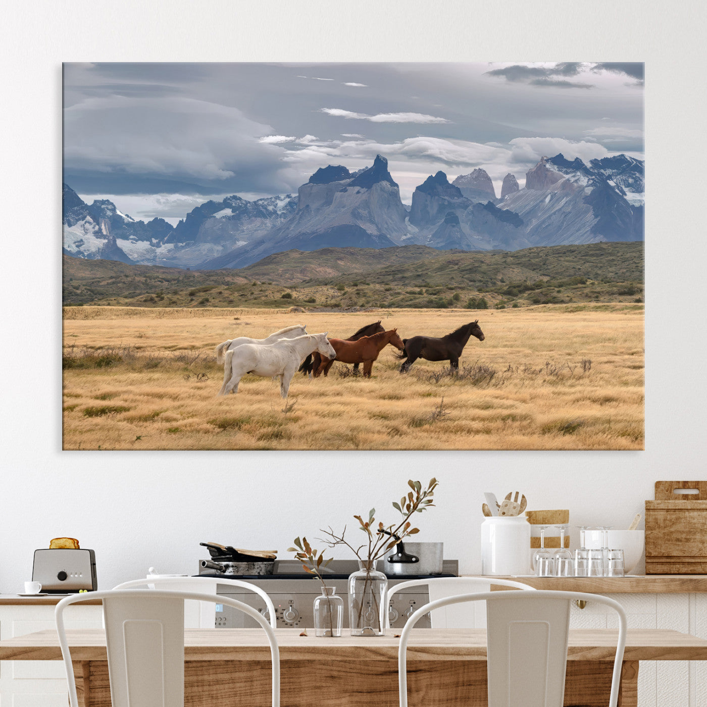 69960232-MGV-CV-36X24-Horses Grazing Wall Art Canvas Print – Framed Mountain Field Scenic Landscape Cloudy Sky Nature Artwork for Home Office