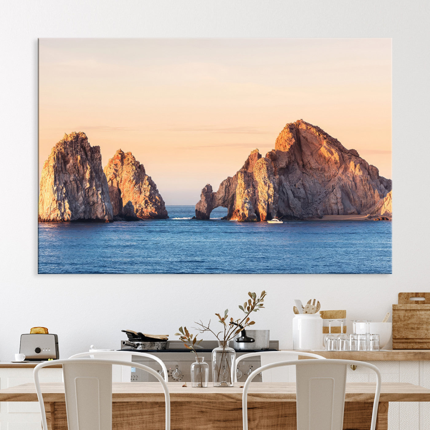 -El Arco Wall Art Canvas Print, Framed Cabo Rocks Art Picture Print, Ocean Arch Perfect Golden