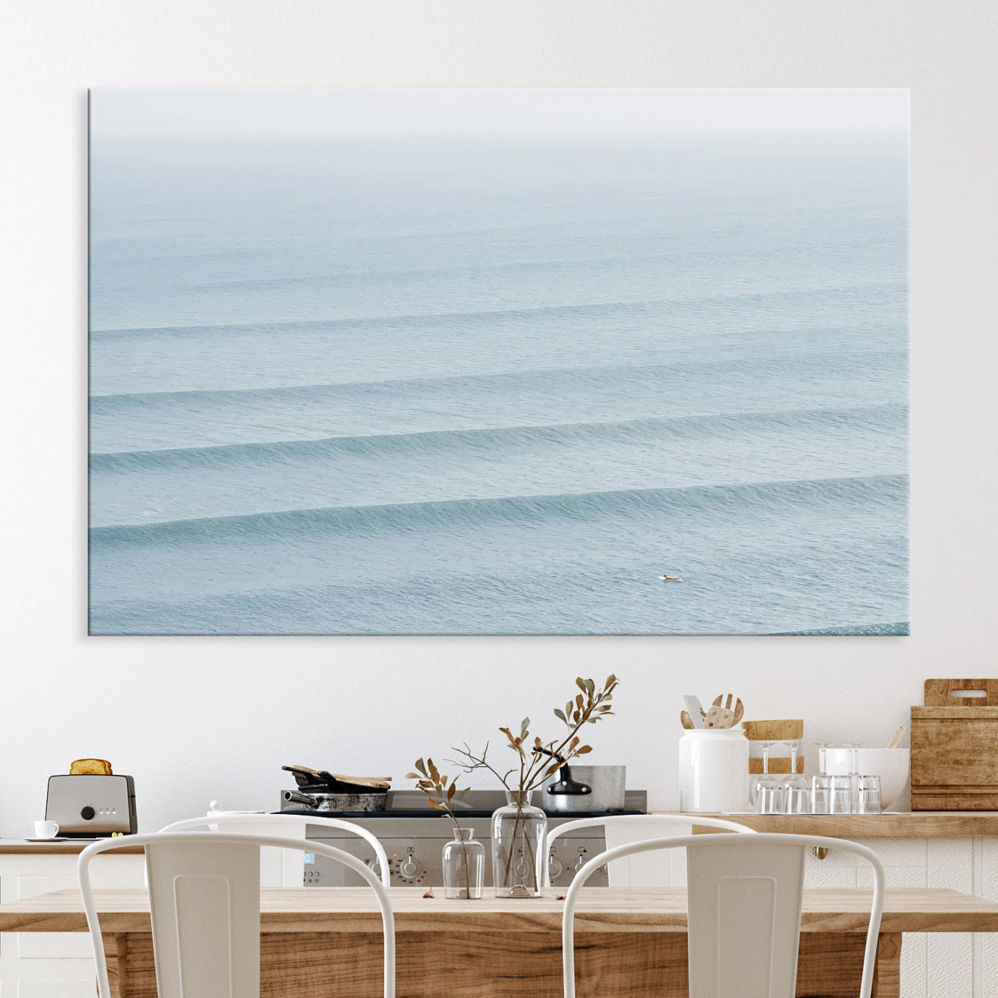 -Ocean Waves Wall Art Canvas Print, Framed Solo Surfer Art Picture Print, Wave Lines Perfect
