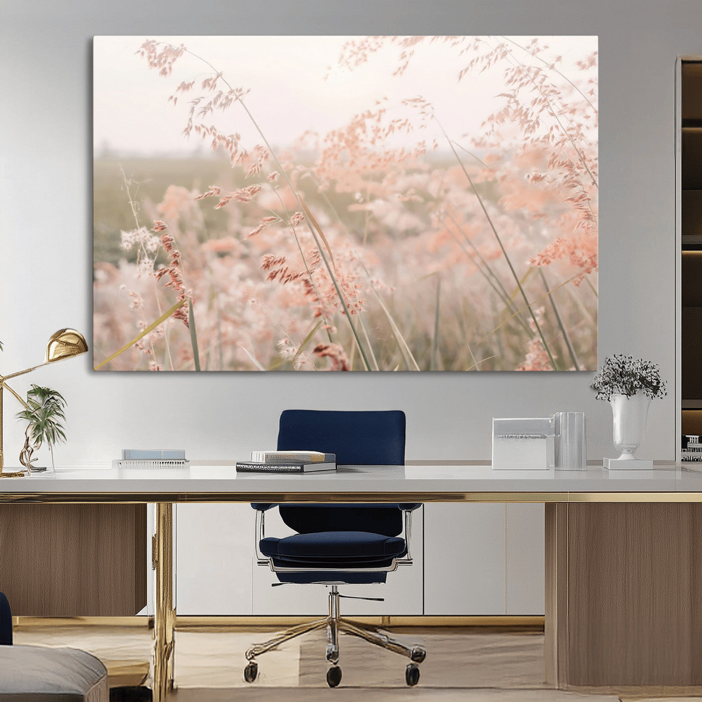 -Pastel Grasses Wall Art Canvas Print, Framed Soft Meadow Art Picture Print, Field in Breeze Perfect Soft Pastel Minimal Decor Artwork