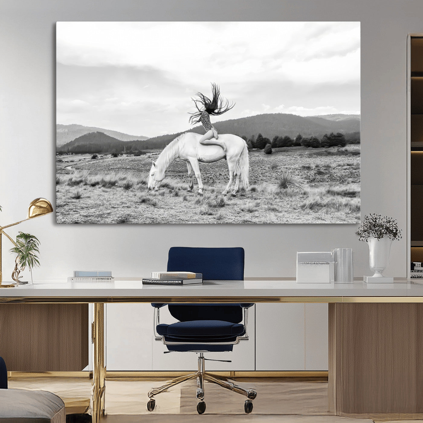 -White Horse Wall Art Canvas Print, Framed Woman Rider Art Picture Print, Equestrian Pose Perfect Western Boho Decor Artwork