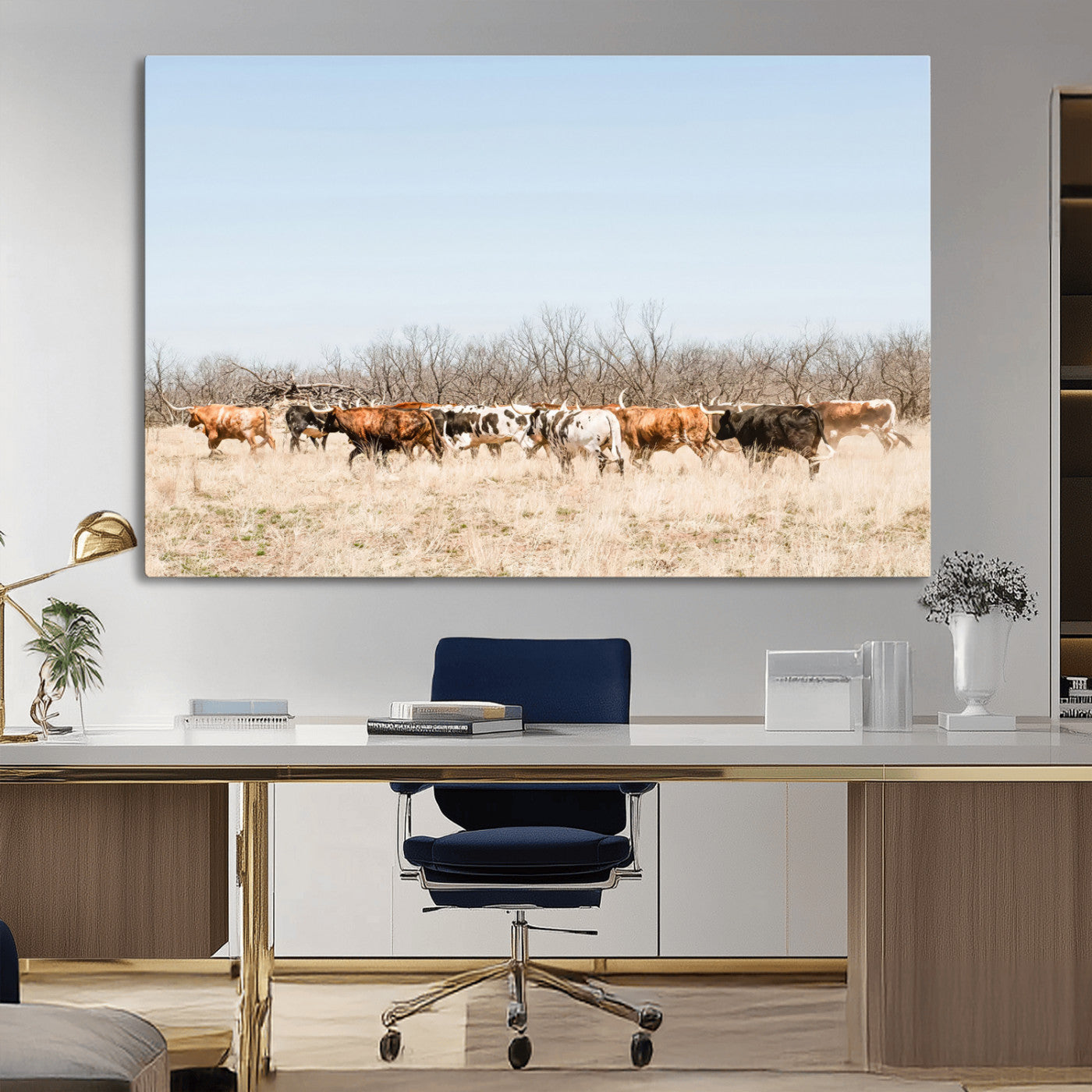 -Texas Longhorns Wall Art Canvas Print, Framed Western Cattles Art Picture Print, Rustic Herd Perfect Rustic Farmhouse Decor Artwork