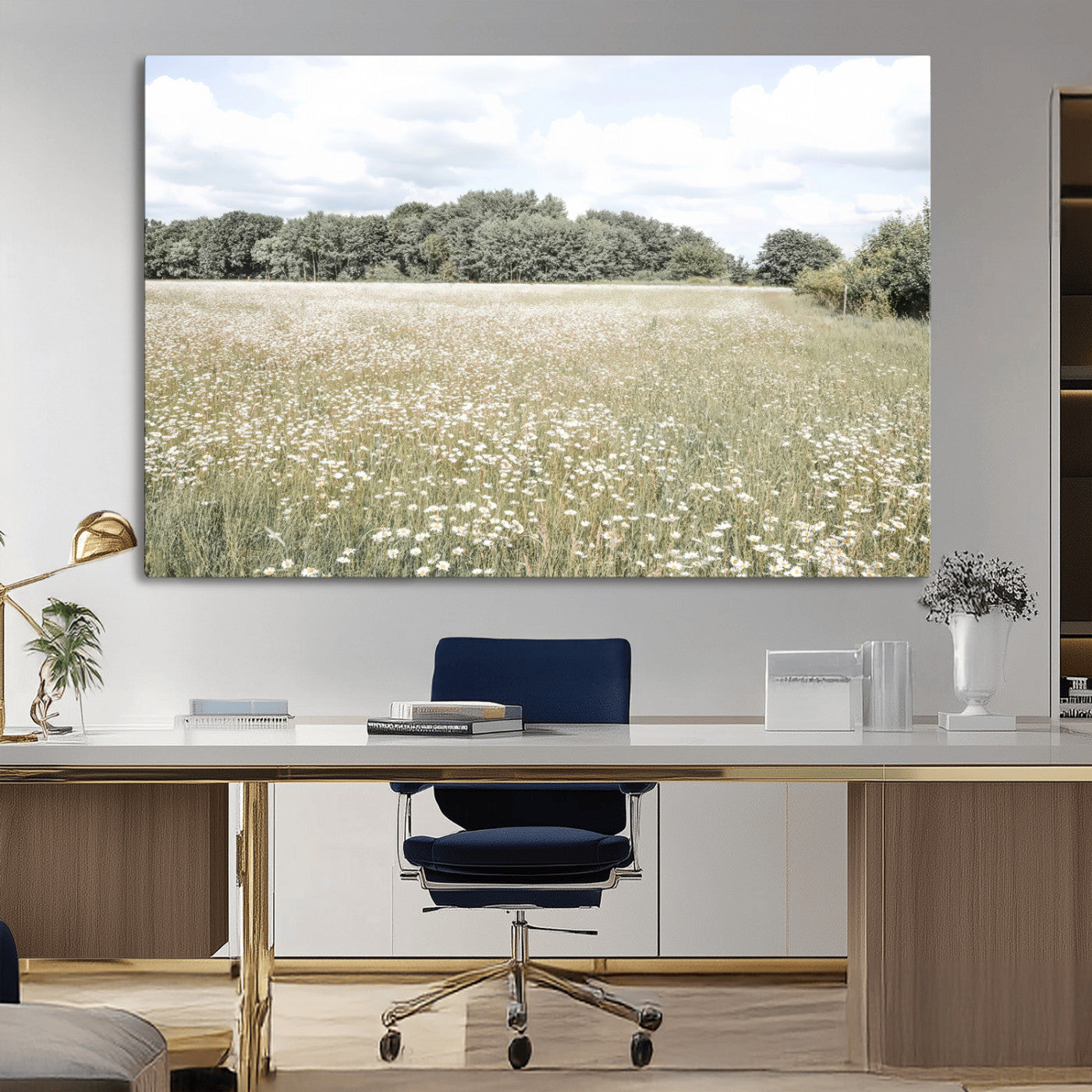 43258946-MGV-CV-36X24-Charming Daisy Field Wall Art Canvas Print – Framed Pastel Flower Meadow Bloom Scandinavian Minimal Artwork for Home Office