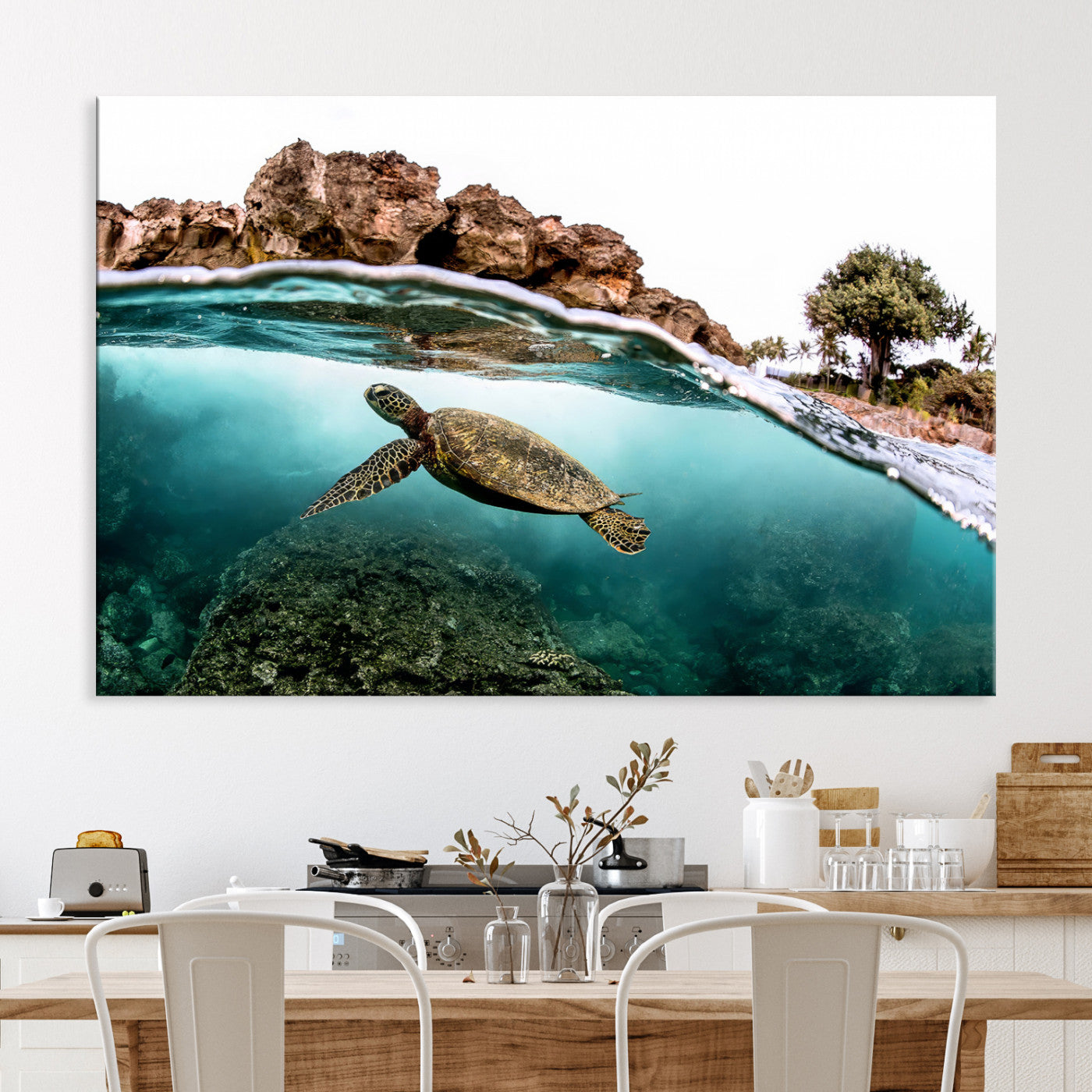 -Sea Turtle Wall Art Canvas Print, Framed Ocean Life Art Picture Print, Tropical Perfect Coastal