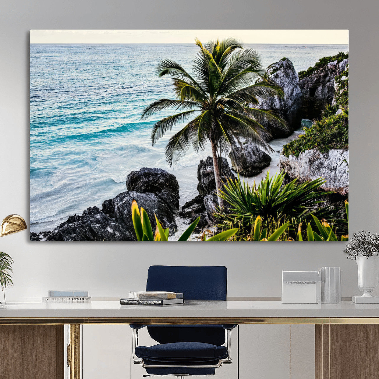 94669907-MGV-CV-36X24 - Tropical Palm Wall Art – Coastal Rocks Canvas Print, Ocean Breeze, Sandy Shore, Vibrant Green Foliage for Living Room or Beach House Decor