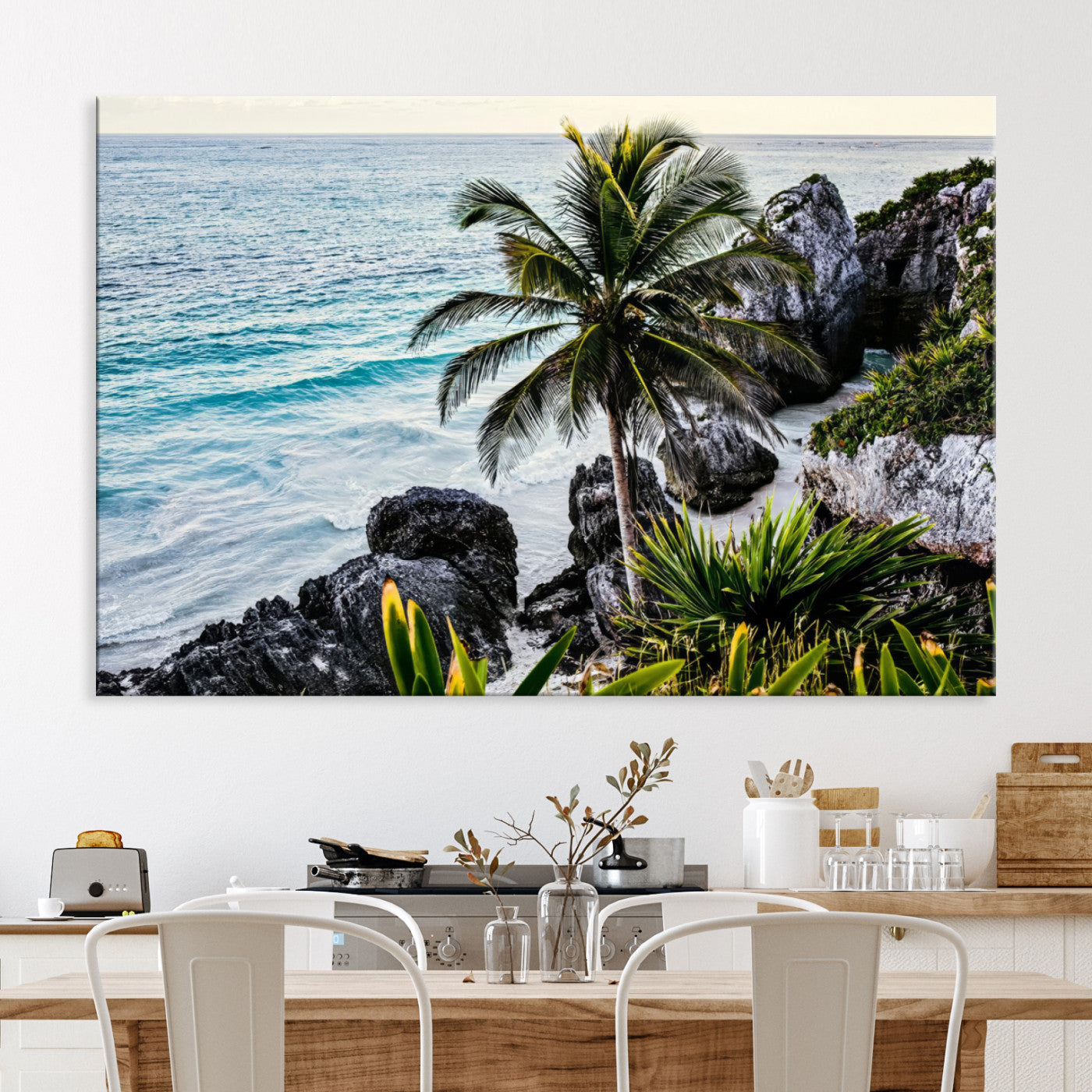 94669907-MGV-CV-36X24-Tropical Coastline Wall Art Canvas Print – Framed Palm Tree and Rocky Beach Scene Artwork for Home, Office Decor