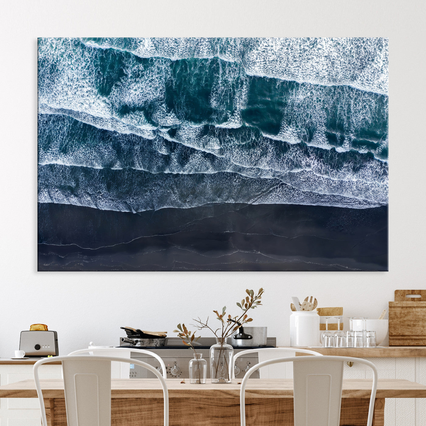 87941475-MGV-CV-36X24-Black Beach Wall Art Canvas Print – Framed Aerial Ocean View Moody Coastal Seascape Nature Artwork for Home Office