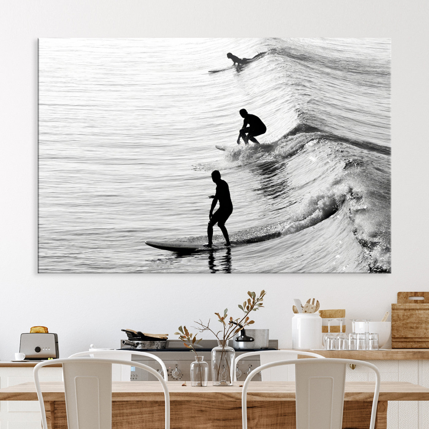 -Surfers on Waves Wall Art Canvas Print, Framed Black White Surf Art Picture Print, Monochrome Ocean