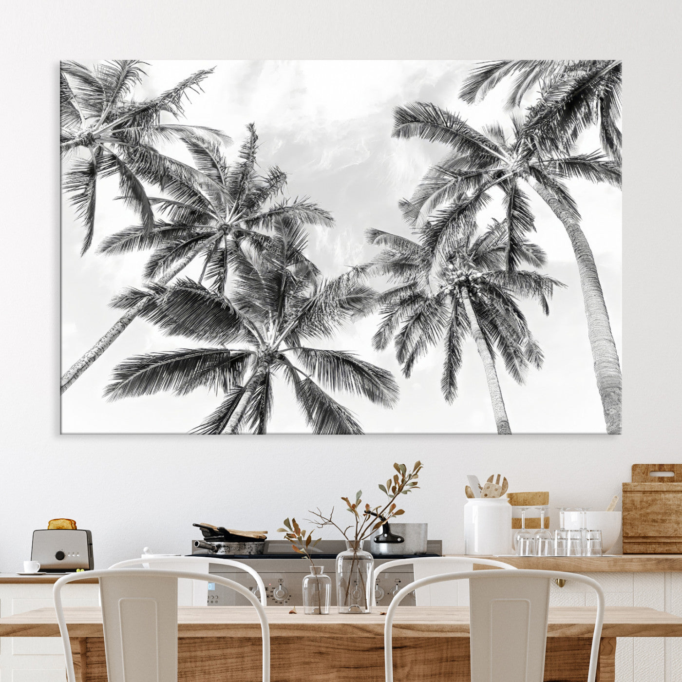 62113786-MGV-CV-36X24-Black and White Palm Wall Art Canvas Print – Framed Monochrome Tropical Beach Scene Artwork for Modern Home, Office Decor