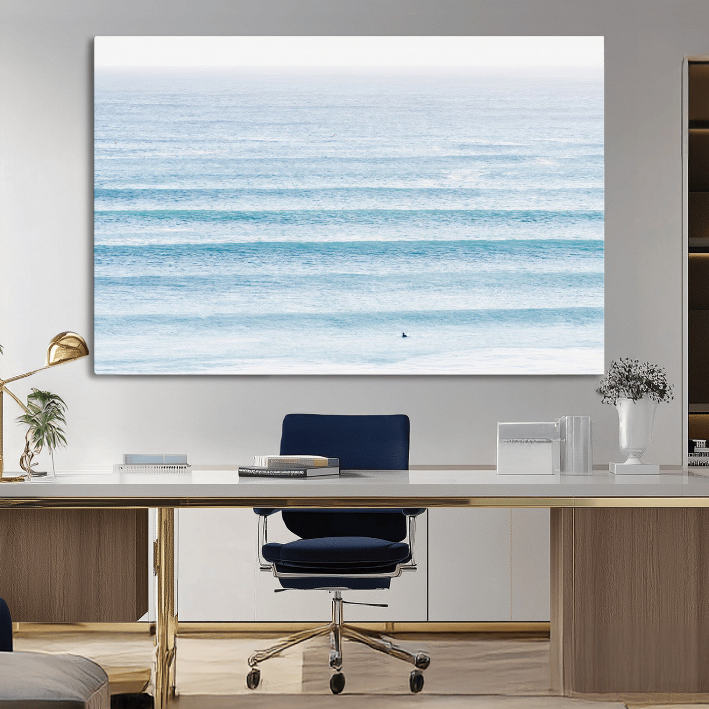 MGV-CV-36X24 - Ocean Simplicity Wall Art Canvas Print, Framed Surfer on Water Art Picture Print, Light Blue Perfect Coastal Minimalist Decor Artwork