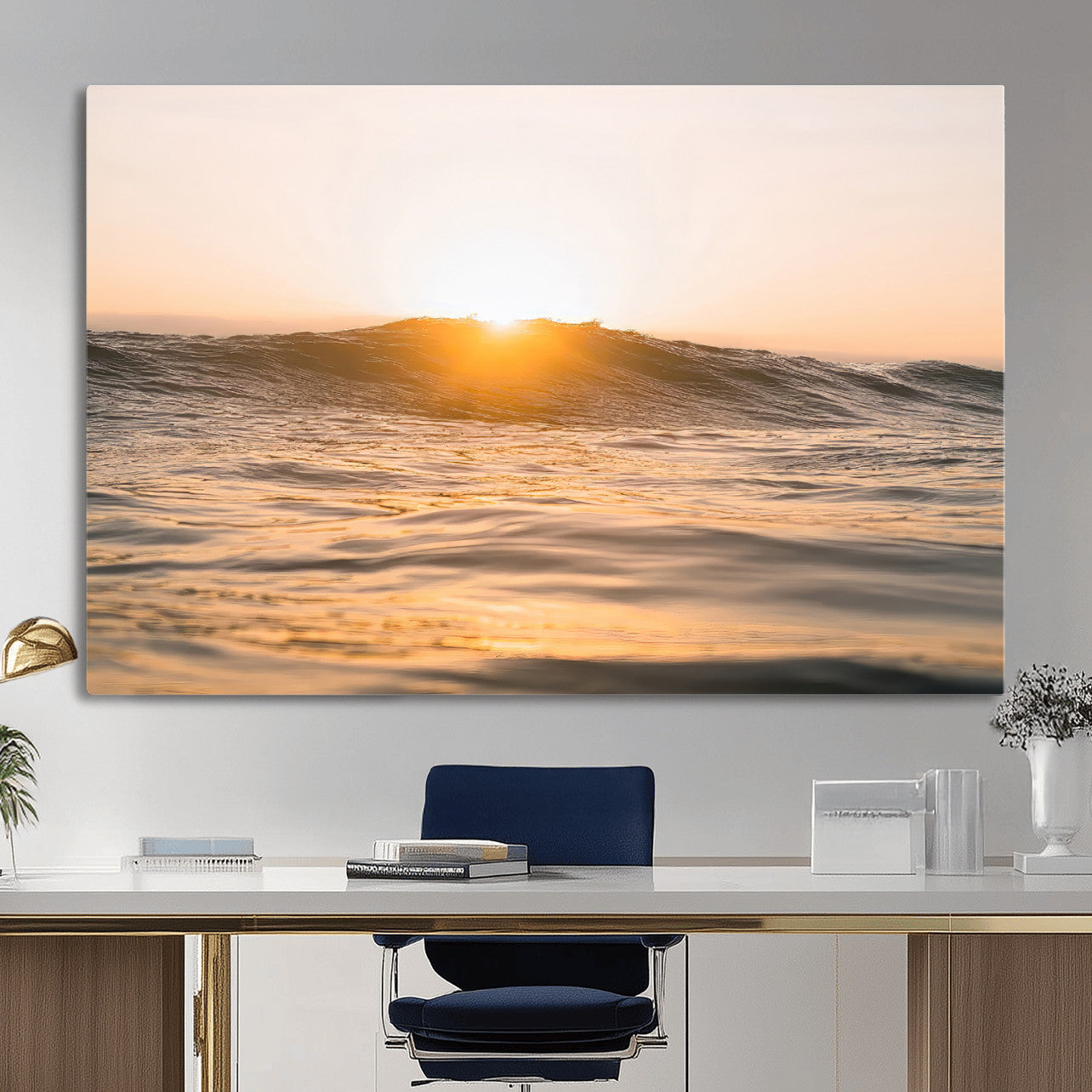 16973771-MGV-CV-36X24-Calm Water Wall Art – Framed Sunset Waves Canvas Artwork, Coastal Warm Design, Minimal Ocean Decor for Home, Office