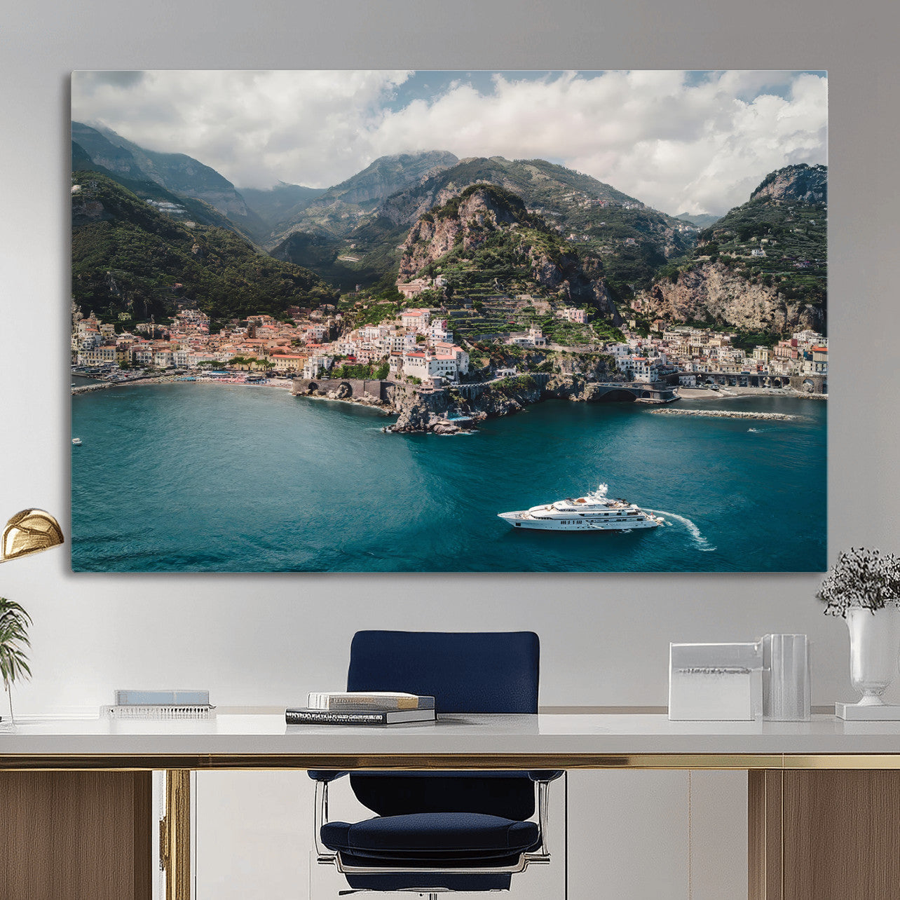 20321590-MGV-CV-36X24-Amalfi Coast Wall Art – Framed Italian Seaside Canvas Artwork, Mediterranean Landscape Design, Coastal Decor for Home, Office