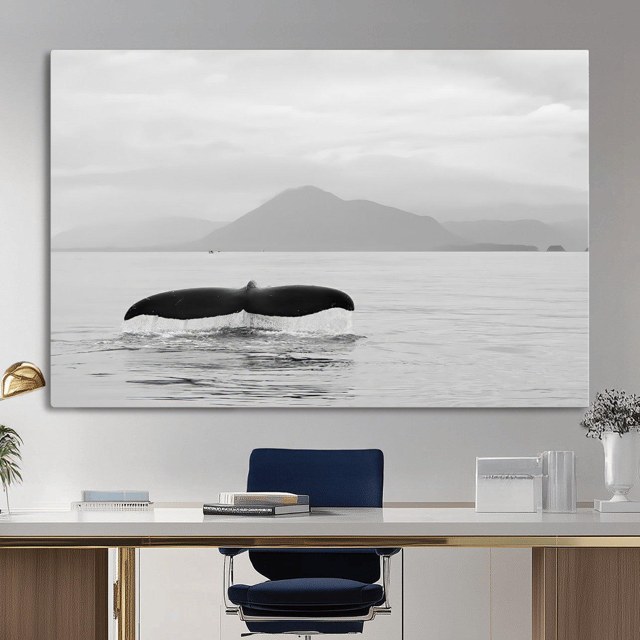 MGV-CV-36X24 - Whale Tail Wall Art Canvas Print, Framed Black White Ocean Art Picture Print, Calm Marine Perfect Minimalist Coastal Decor Artwork