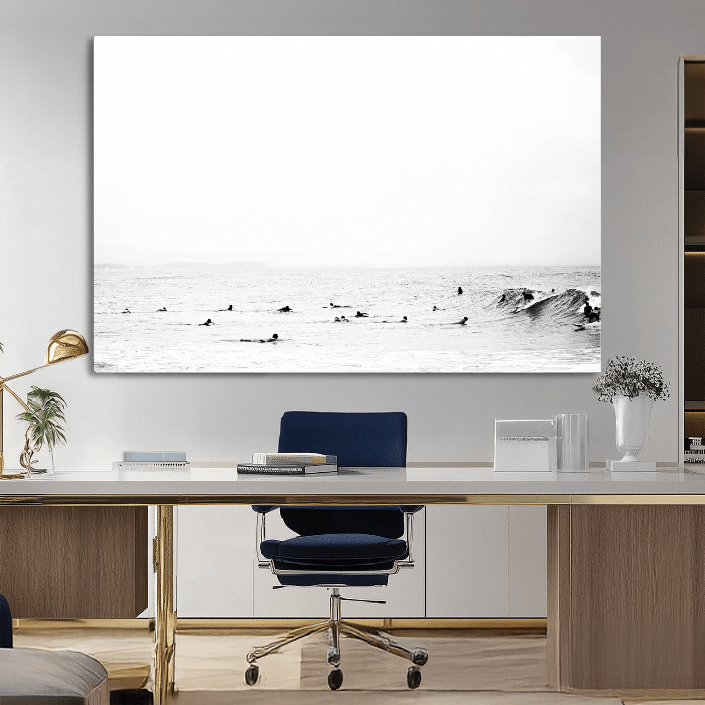 38441169-MGV-CV-36X24-Monochrome Swimming Wall Art Canvas Print – Framed Ocean Horizon Art Picture Moody Coastal Artwork for Home Office