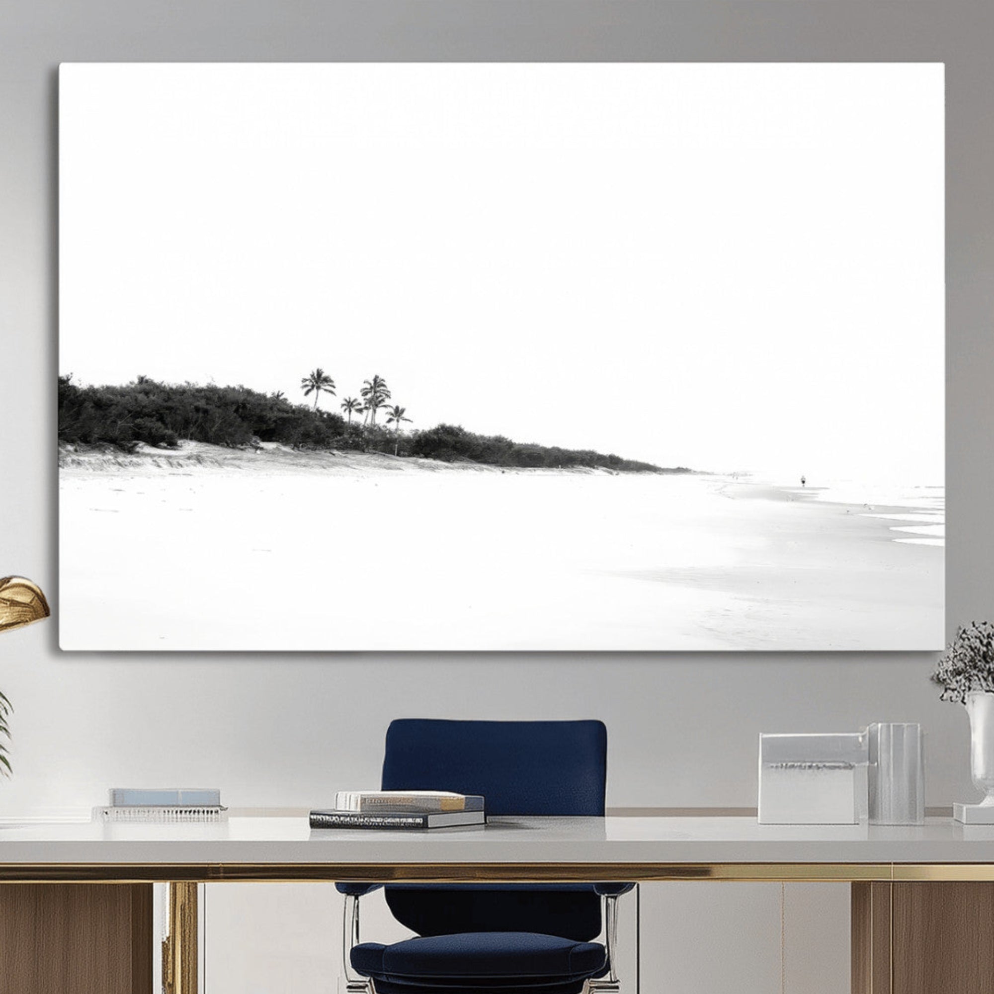 29611516-MGV-CV-36X24-Black White Beach Wall Art Canvas Print – Framed Palm Trees Art Picture Monochrome Tropical Artwork for Home, Office