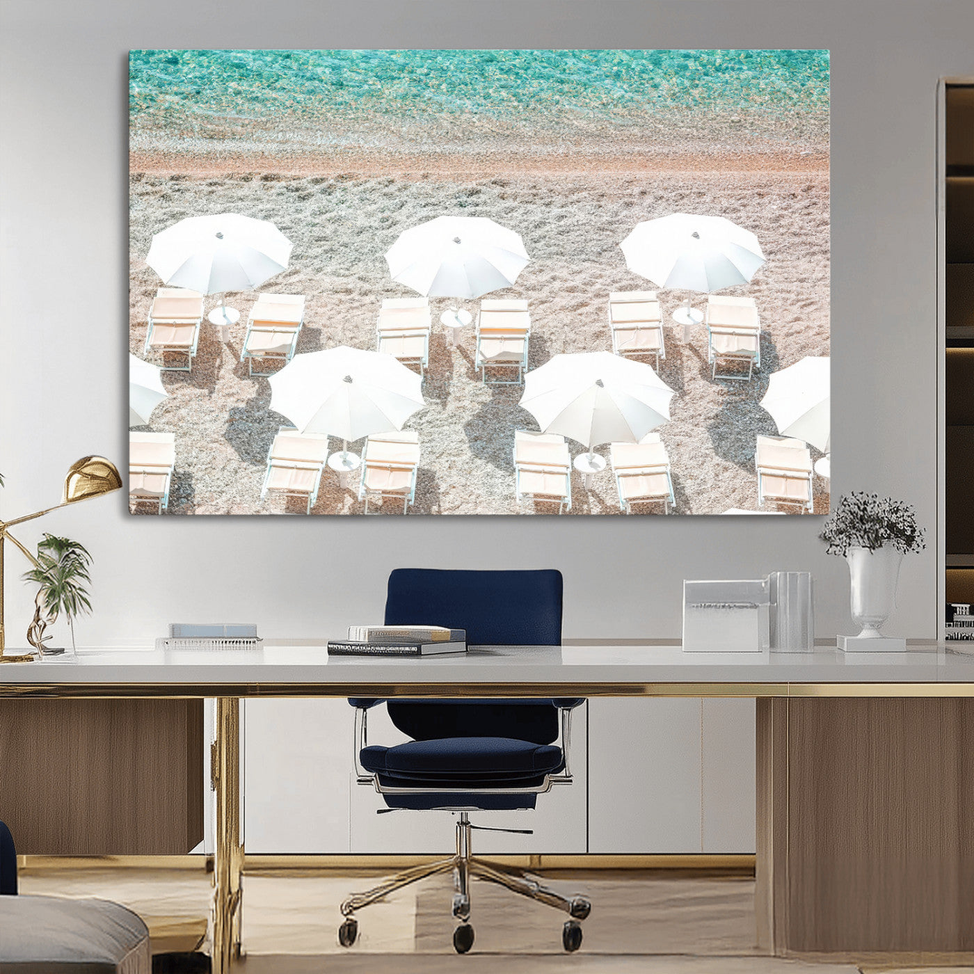 MGV-CV-36X24 - Calm Beach Wall Art Canvas Print, Framed Turquoise Water Art Picture Print, Umbrella Shoreline Perfect Coastal Minimalist Decor Artwork