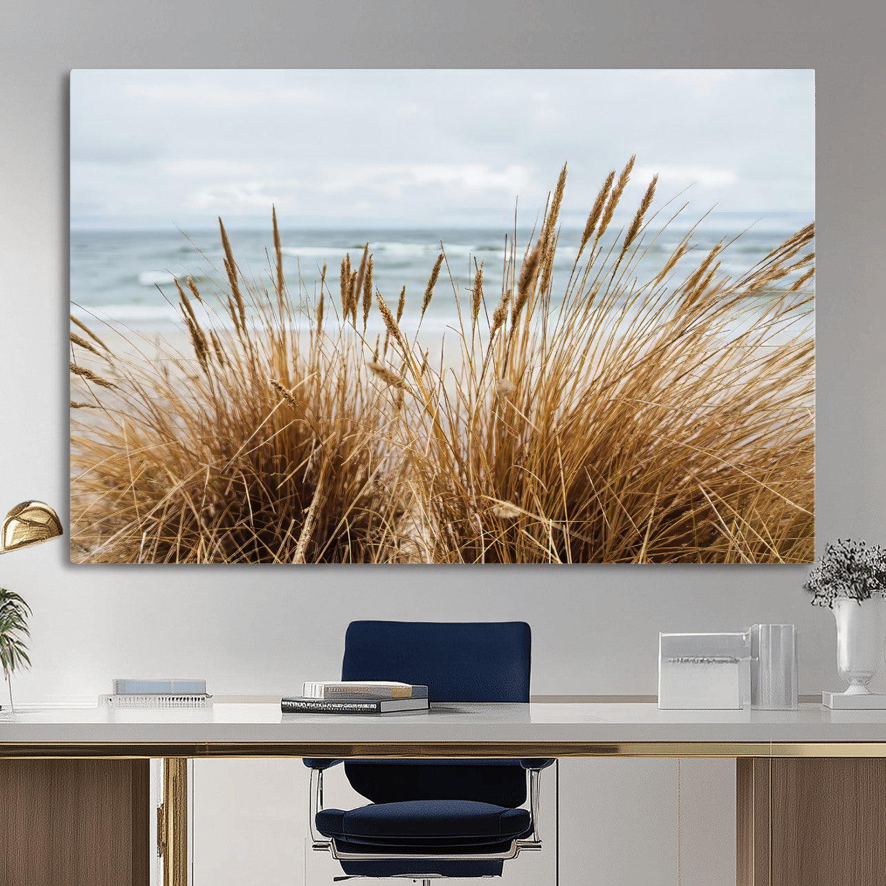 14270839-MGV-CV-36X24-Beach Grass Wall Art – Framed Coastal Dunes Canvas Artwork, Minimal Seaside Design, Modern Coastal Decor for Home, Office