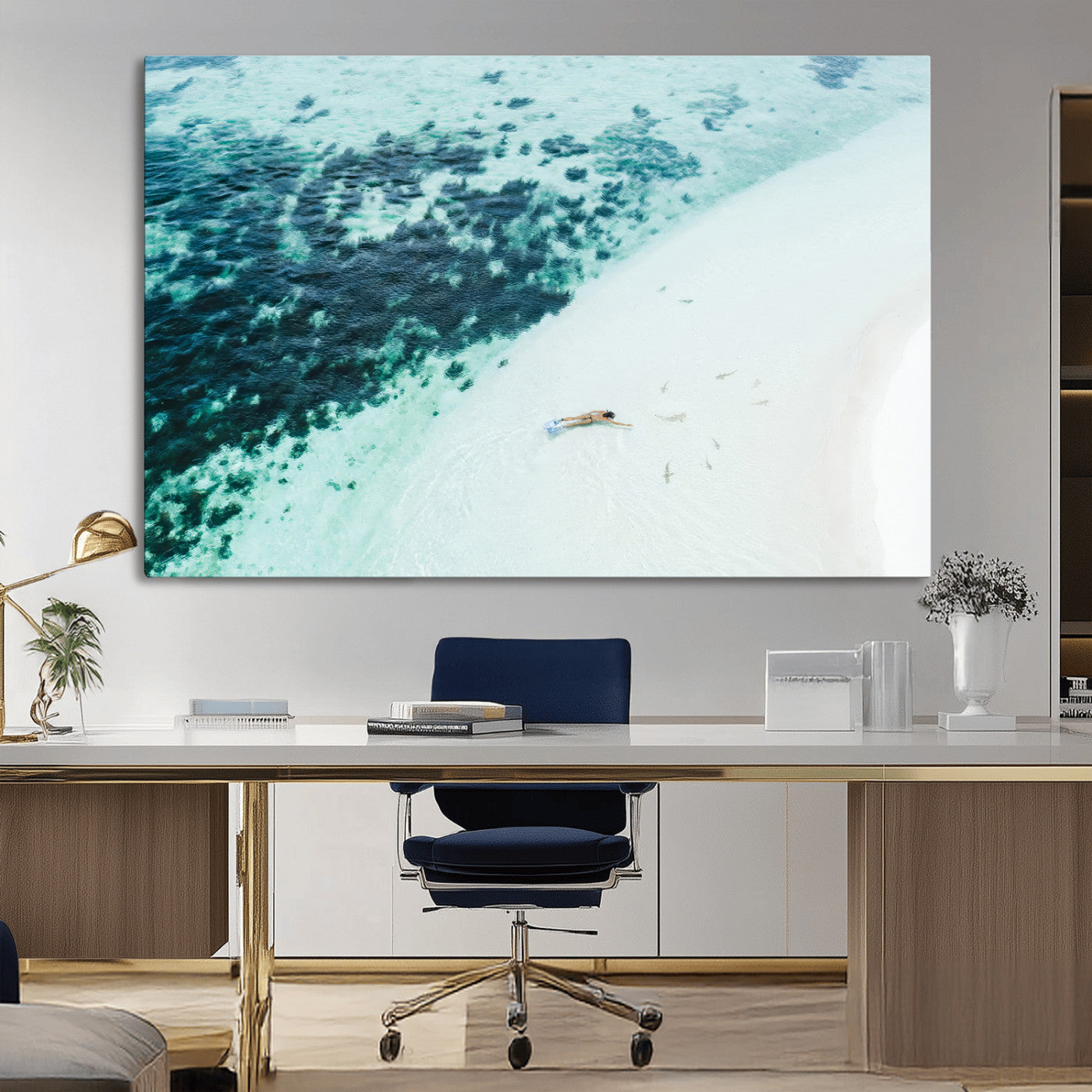 33764764-MGV-CV-36X24-Minimal Beach Wall Art – Framed Ocean Swimming Canvas Artwork, Clear Blue Sea Design, Modern Coastal Decor for Home, Office