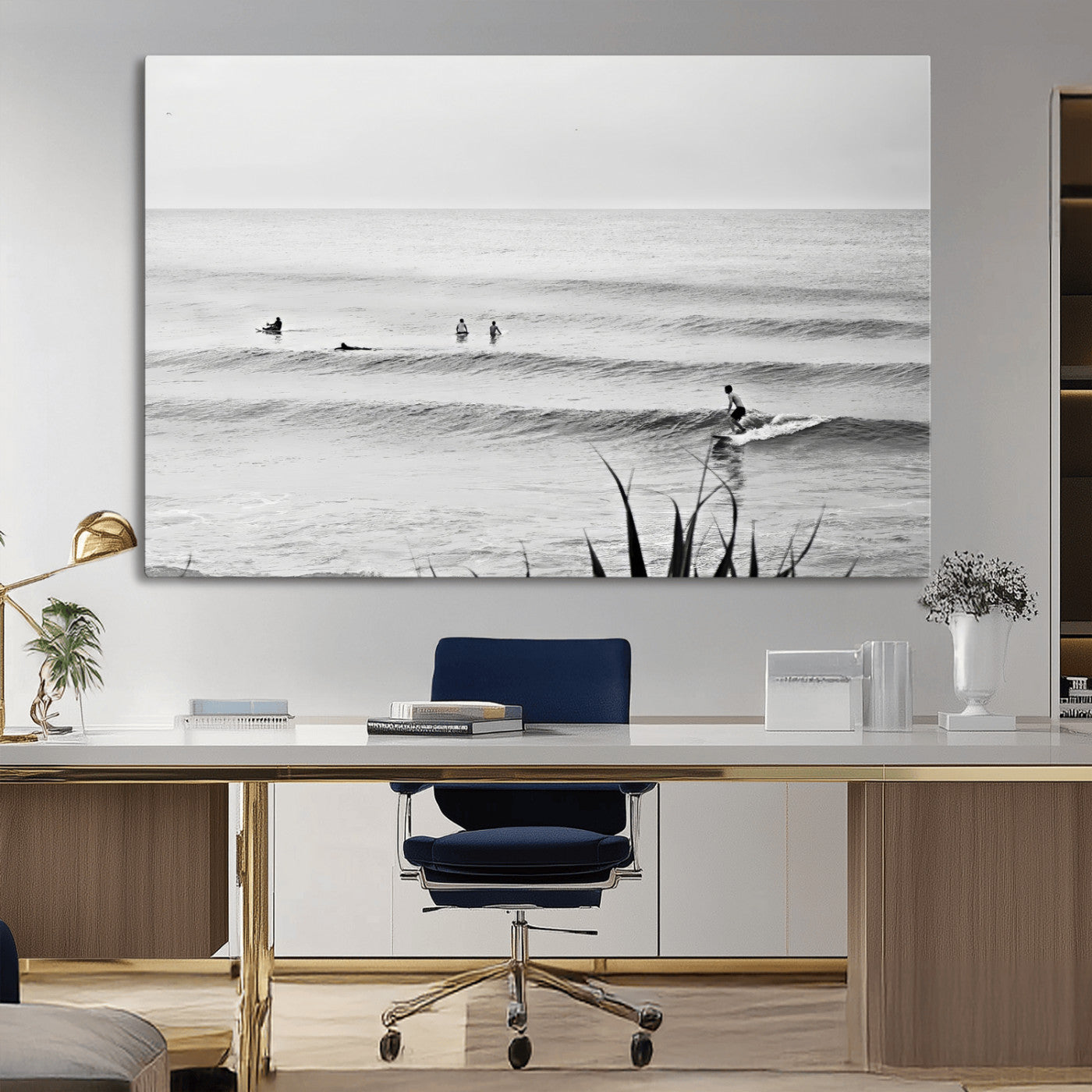 33821421-MGV-CV-36X24-Surfer Silhouette Wall Art – Framed Calm Ocean Canvas Artwork, Monochrome Minimal Design, Modern Coastal Decor for Home, Office