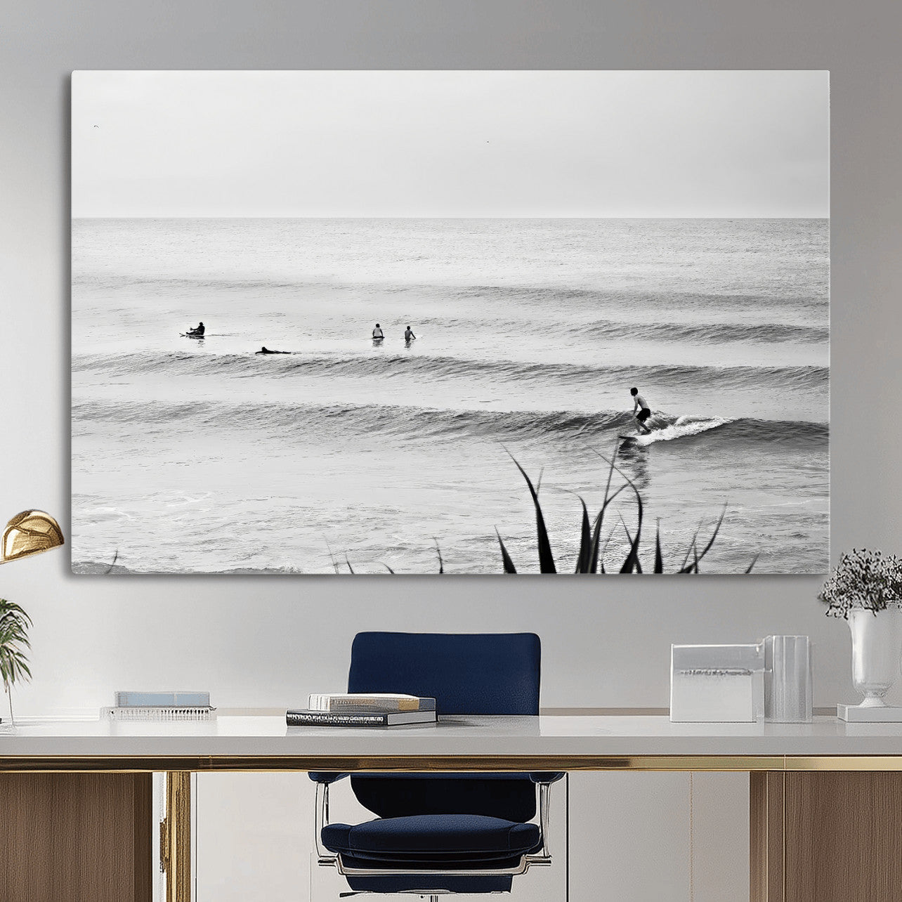 33821421-MGV-CV-36X24 - Surfer Silhouette Wall Art Canvas Print, Framed Calm Ocean Art Picture Print, Monochrome Surf Minimalist Coastal Decor Artwor