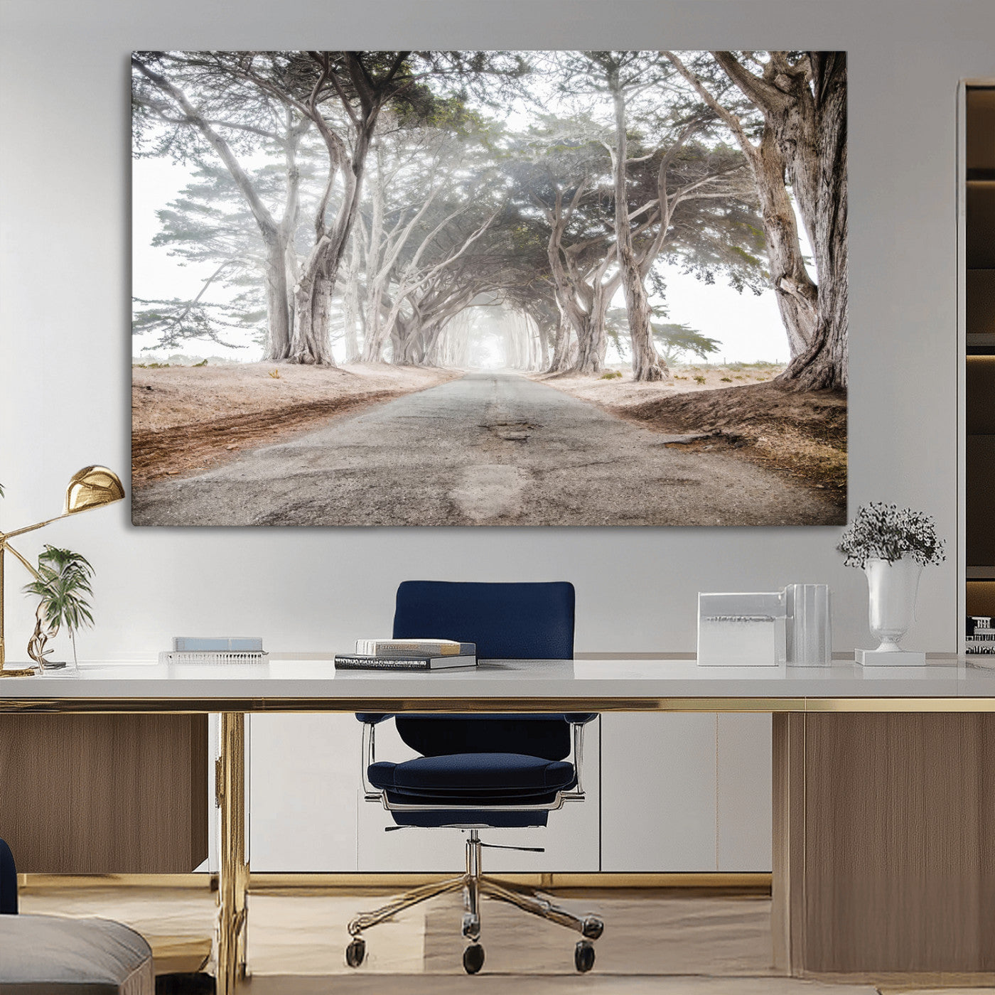 87090469-MGV-CV-36X24-Cypress Tunnel Wall Art – Framed Misty Road Canvas Artwork, Foggy Trees Design, Rustic Woodland Nature Decor for Home, Office