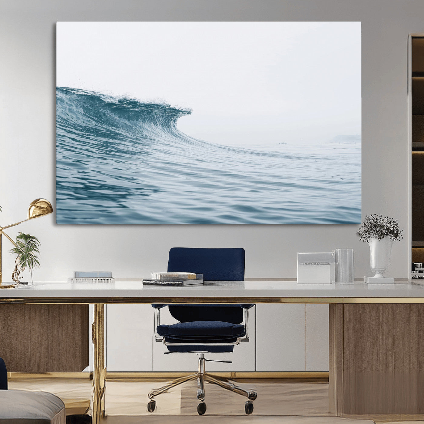 A single ocean wave curling in soft blue tones under a misty sky, ideal for coastal or minimalist home wall decor.