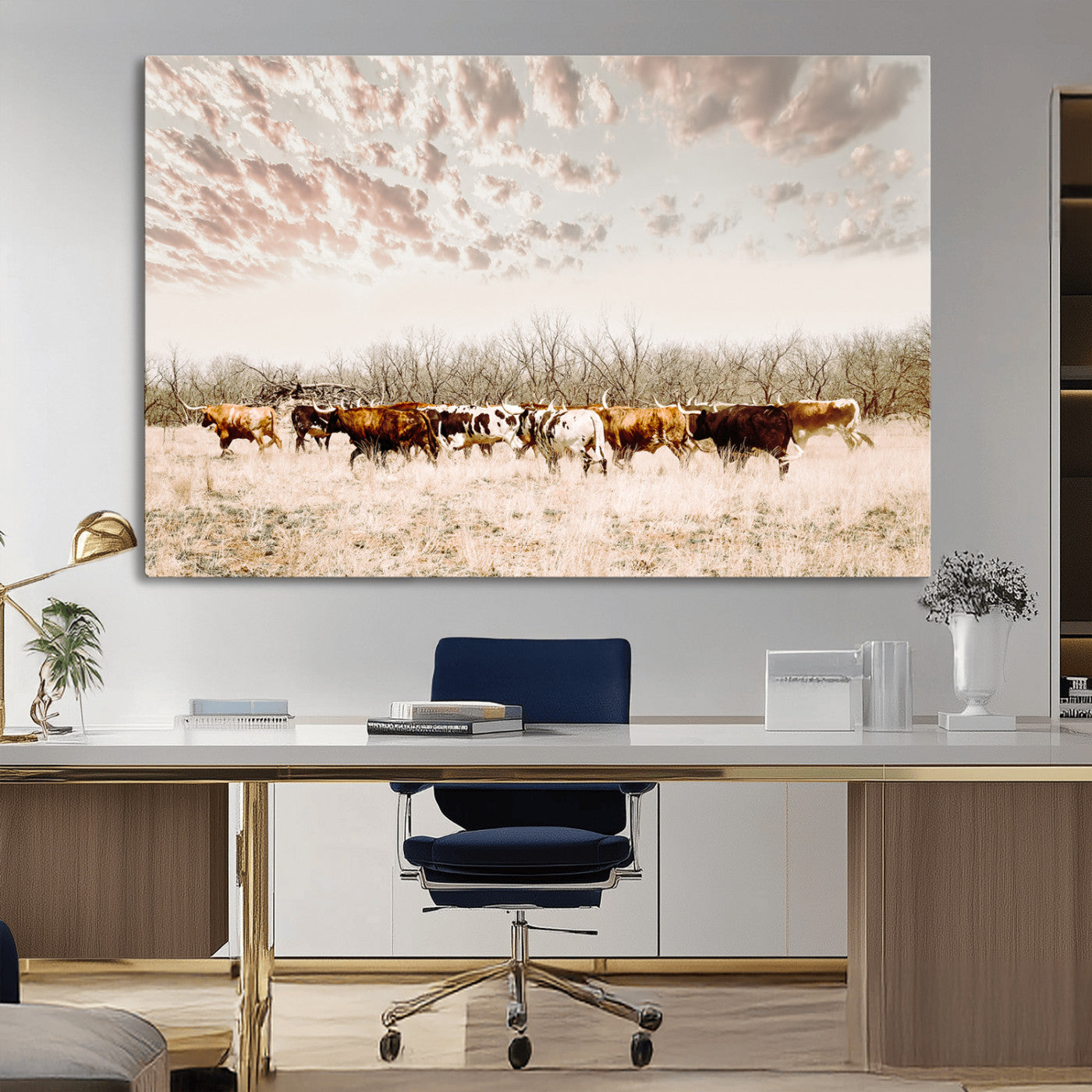 64892775-MGV-CV-36X24-Longhorn Cattle Wall Art Canvas Print – Framed Texas Ranch Scene with Western Cow Artwork for Home, Office