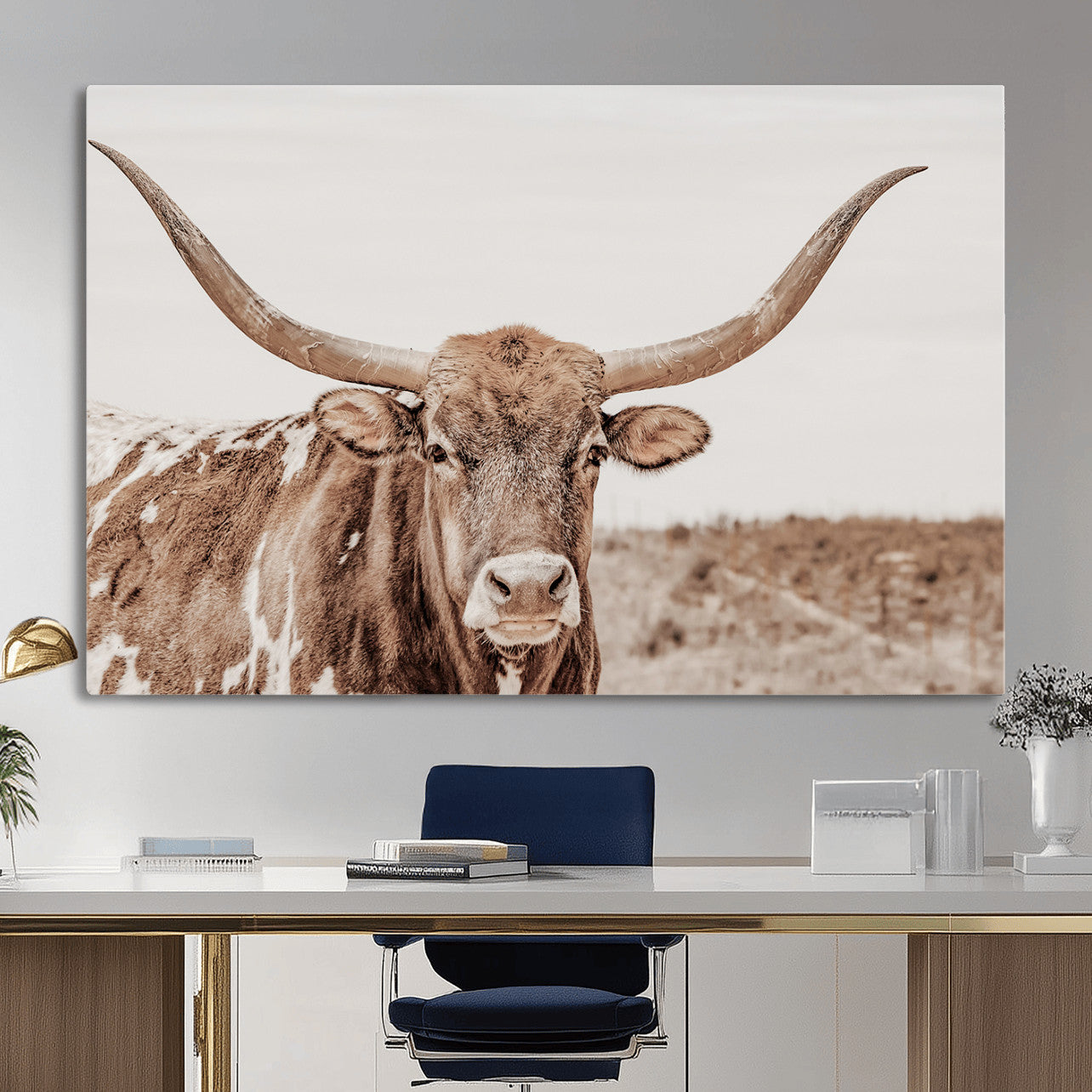39964150-MGV-CV-36X24 - Longhorn Cow Wall Art Canvas Print, Texas Ranch Print, Framed Western Bull Art Print, Large BigHorn Cowboy Printing Perfect for County Decor