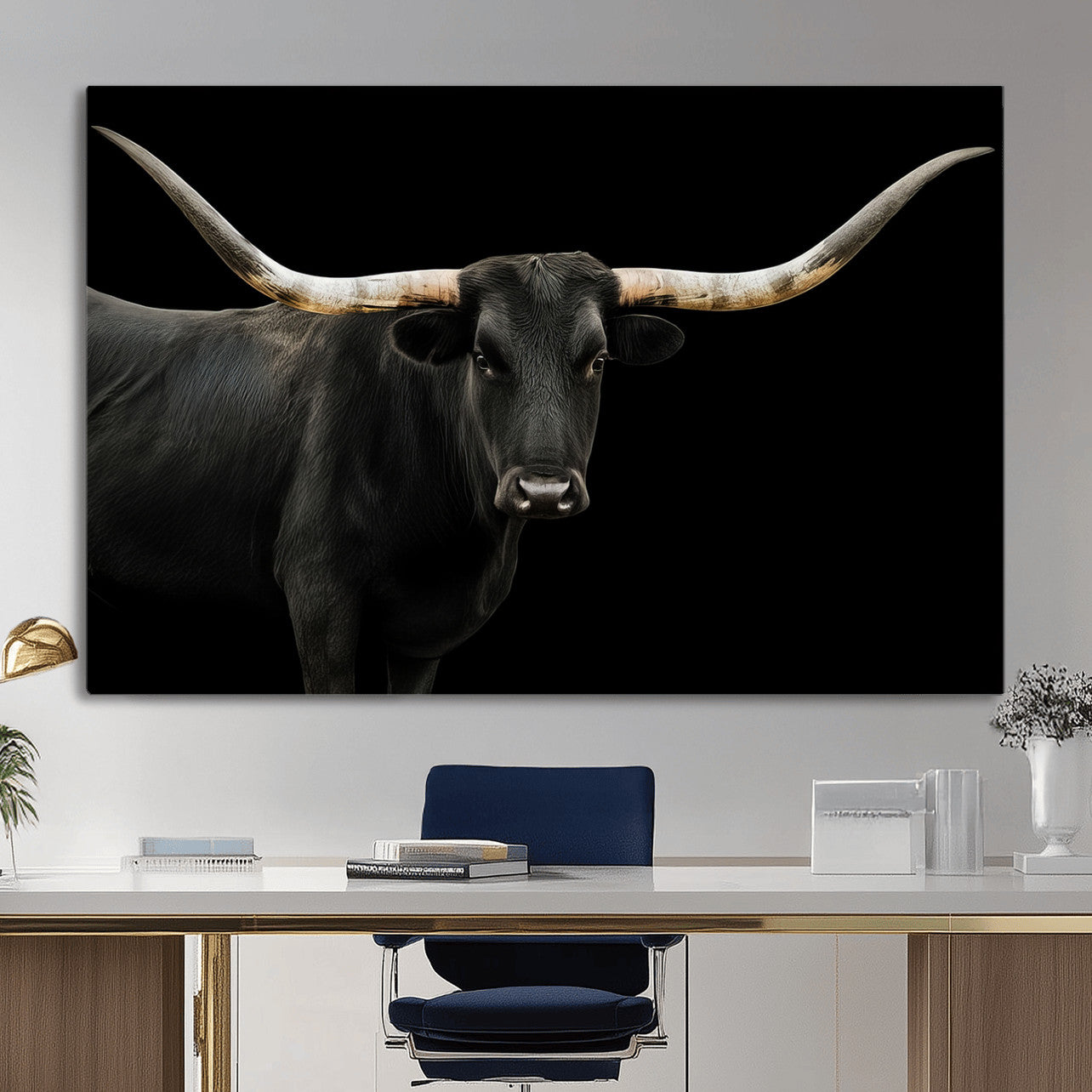 99448328-MGV-CV-36X24 - Longhorn Cattle Wall Art Canvas Print, Framed Texas Black Bull Art Picture Print, Western Cow Perfect Farmhouse Decor Artwork