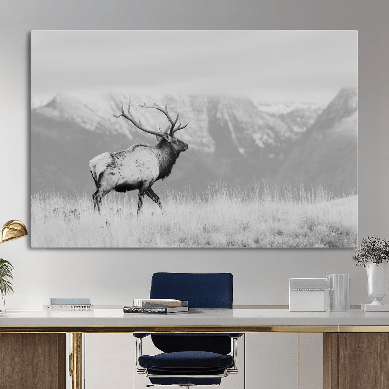 36150391-MGV-CV-36X24 - Wall Art Canvas Print – Majestic Elk Black & White Wilderness, Scenic Mountain and Grassland Landscape, Wildlife Nature Decor for Home or Office