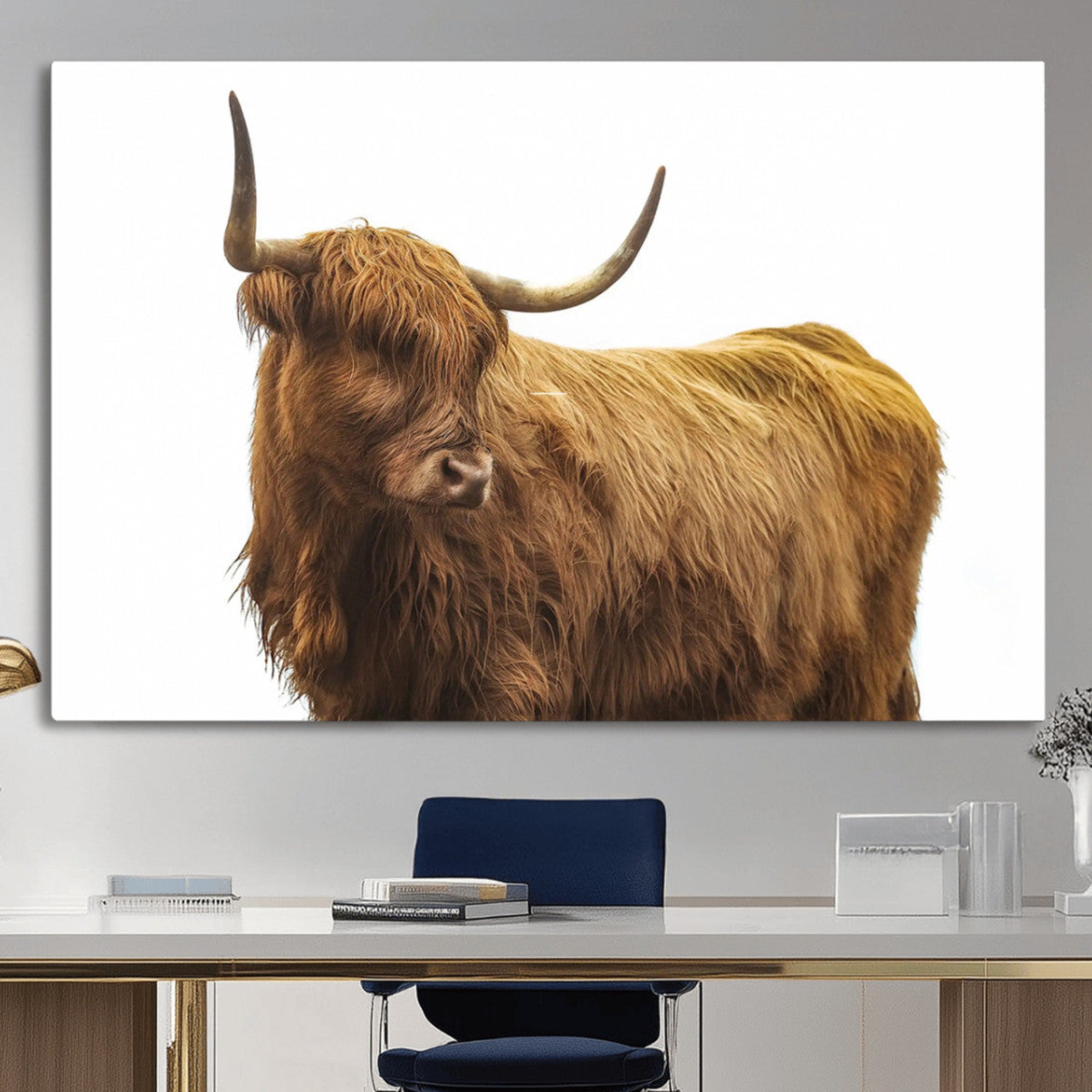 A highland cow with long horns and shaggy fur standing calmly, isolated on white background, ideal for rustic or farmhouse wall decor.