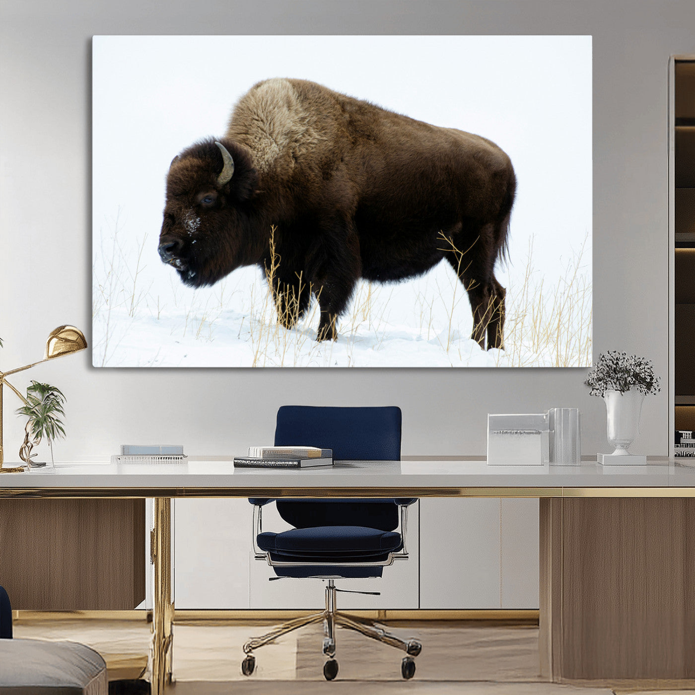 -Bison Wall Art Canvas Print – Framed Western Wildlife Buffalo Snow Rustic Nature Scene Artwork for Home Office