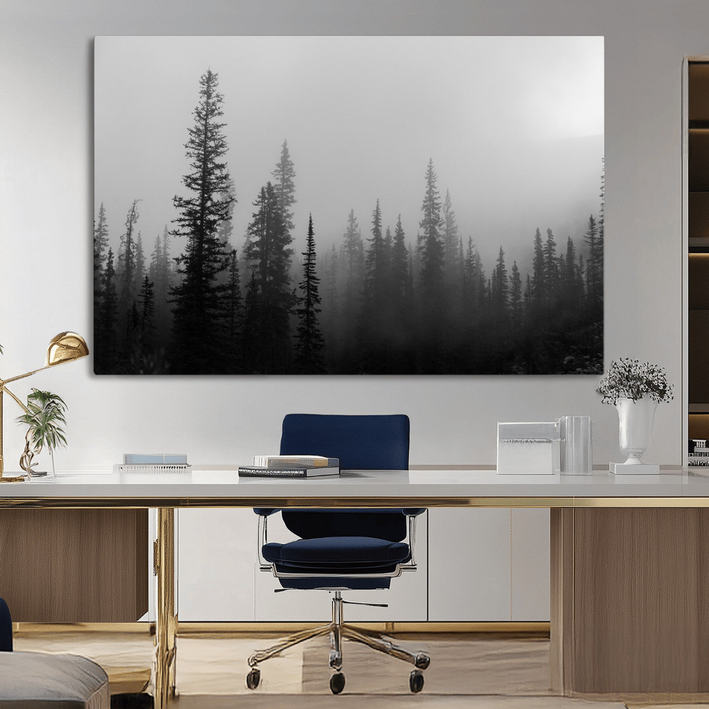 73138900-MGV-CV-36X24-Misty Pines Wall Art Canvas Print – Framed Woodland Minimalist Rustic Nature Scene Photography Artwork for Home Office