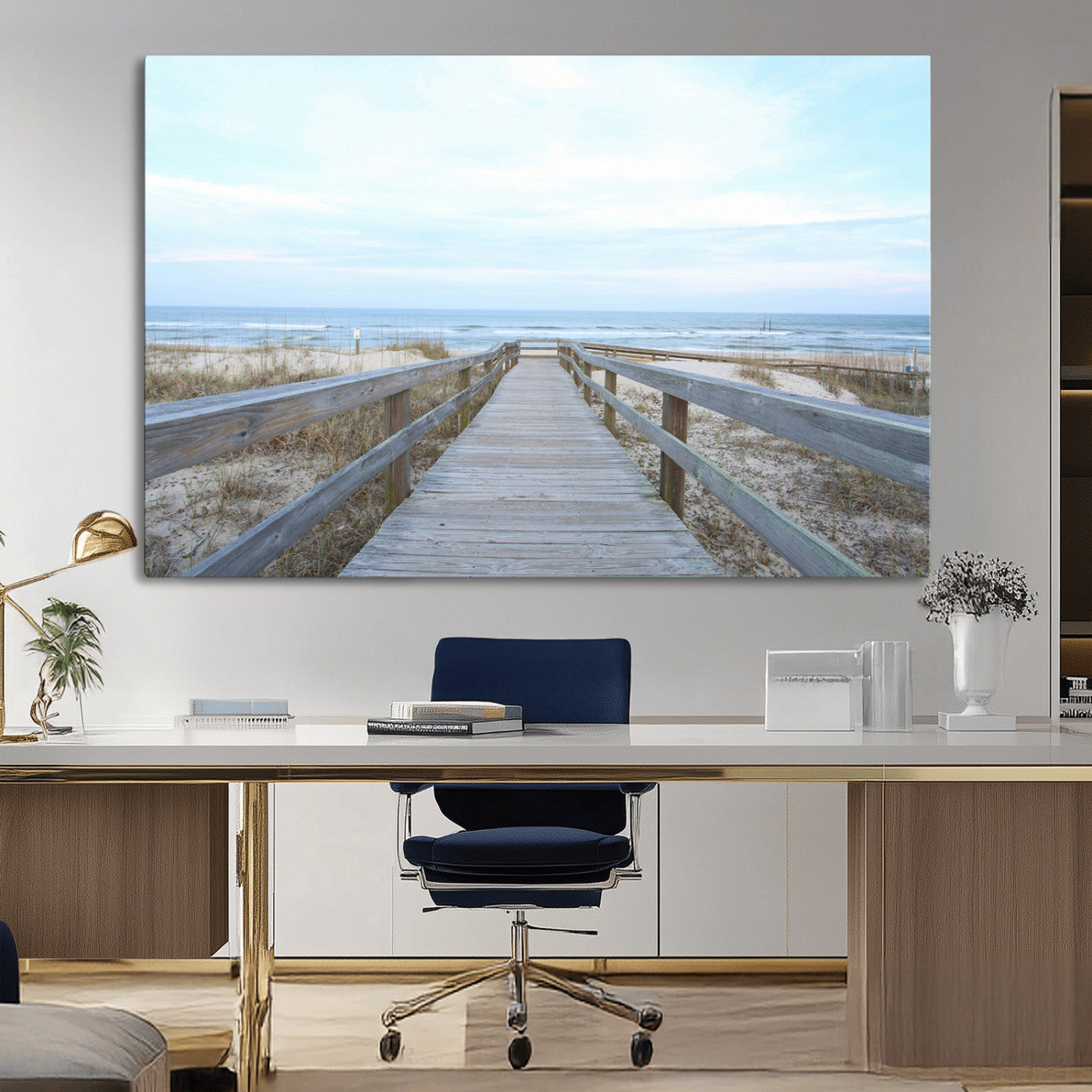 31602988-MGV-CV-36X24-Beach Boardwalk Wall Art Canvas Print – Framed Coastal Serenity Ocean View Nature Scene Artwork for Home Office