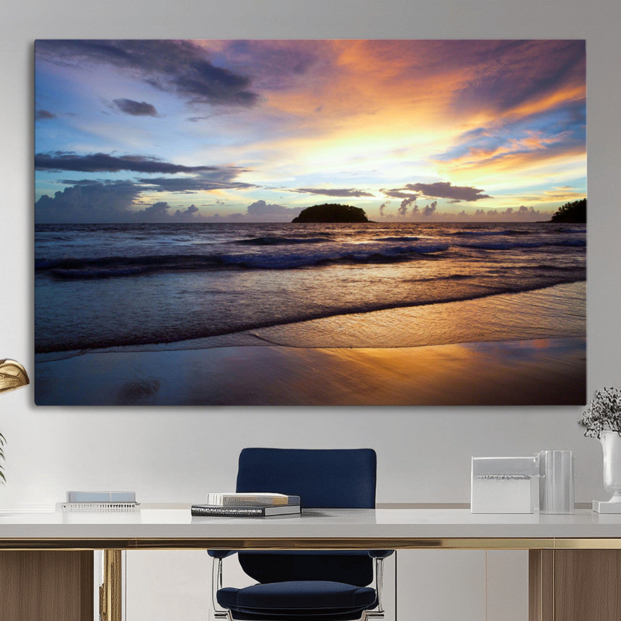 36714356-MGV-CV-36X24-Beach Sunset Wall Art Canvas Print – Framed Ocean Waves Art Picture Tropical Seascape Artwork for Home Office