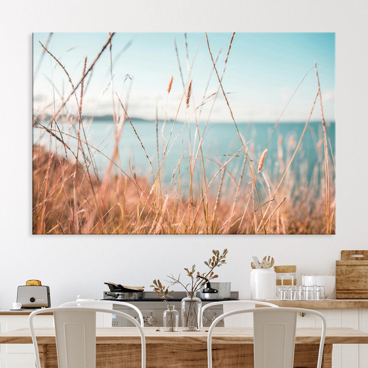 36108696-MGV-CV-36X24-Coastal Grass Landscape Wall Art Canvas Print – Golden Shoreline Nature Scene Serene Ocean View Artwork for Home Office
