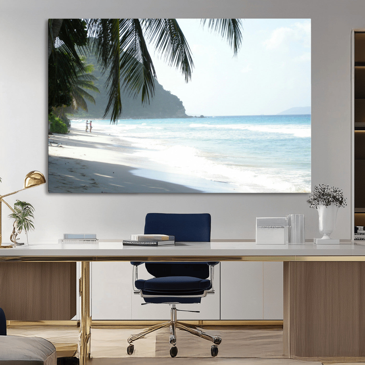 Tropical beach with palm tree shadows, white sand, and turquoise ocean waves, creating a serene and relaxing island escape atmosphere.