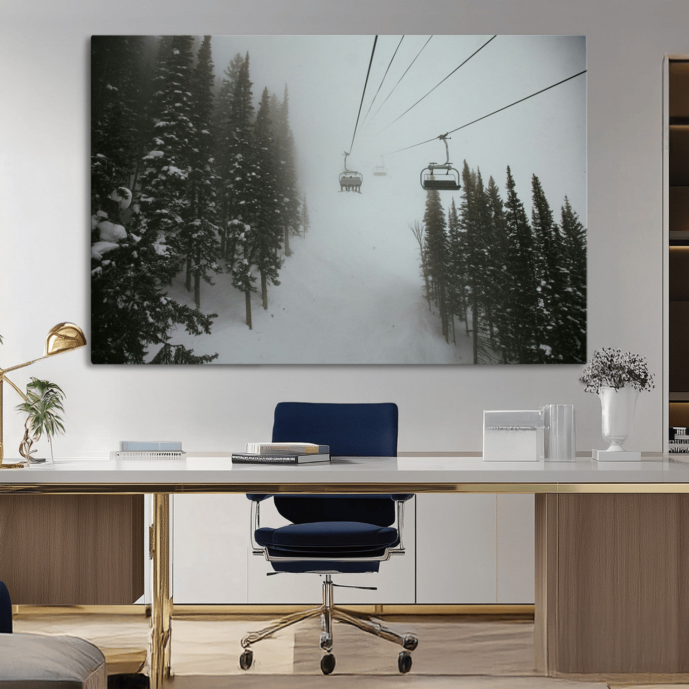 -Ski Lift Wall Art Canvas Print – Snowy Pines Misty Landscape Winter Serenity Artwork for Home, Office Decor