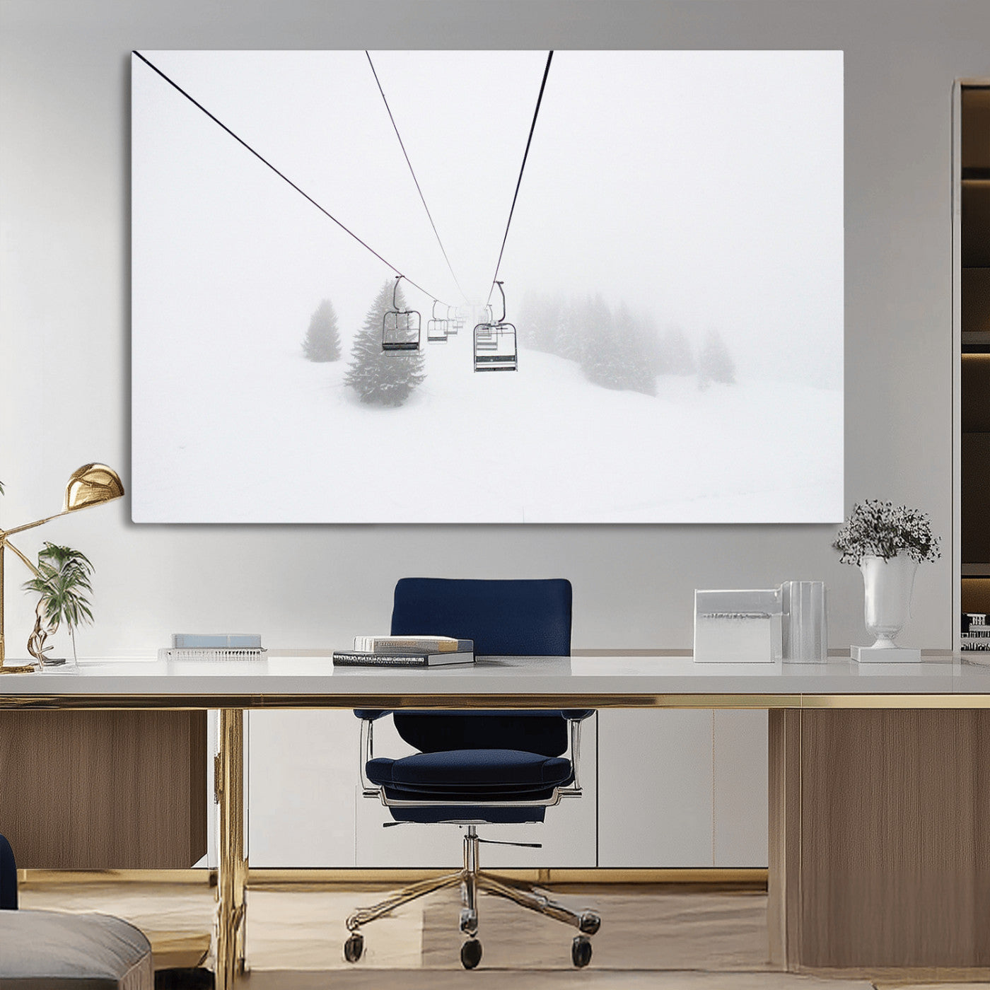 -Ski Lift Wall Art Canvas Print – Snowy Alpine Landscape Nordic Adventure Winter Mountains Artwork for Home, Office